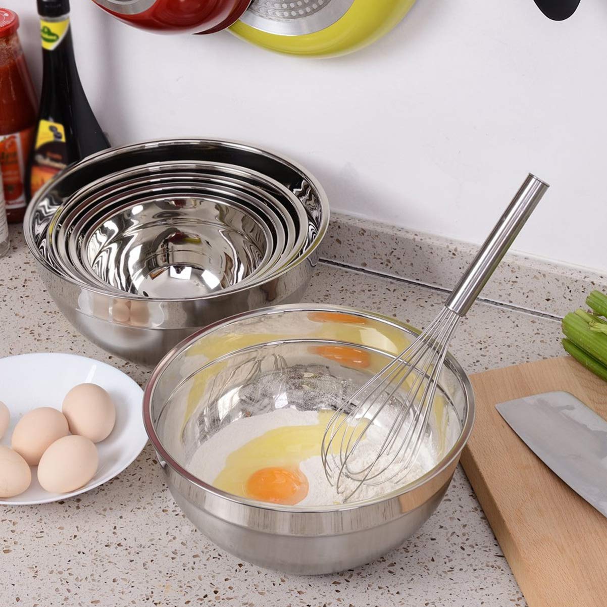 5-Piece Stainless Steel Mixing Bowls Set - Fruit Salad Bowl, Vegetable Serving Bowl, Egg Beating Bowl for Kitchen, Baking & Food Prep | Durable & Easy Clean