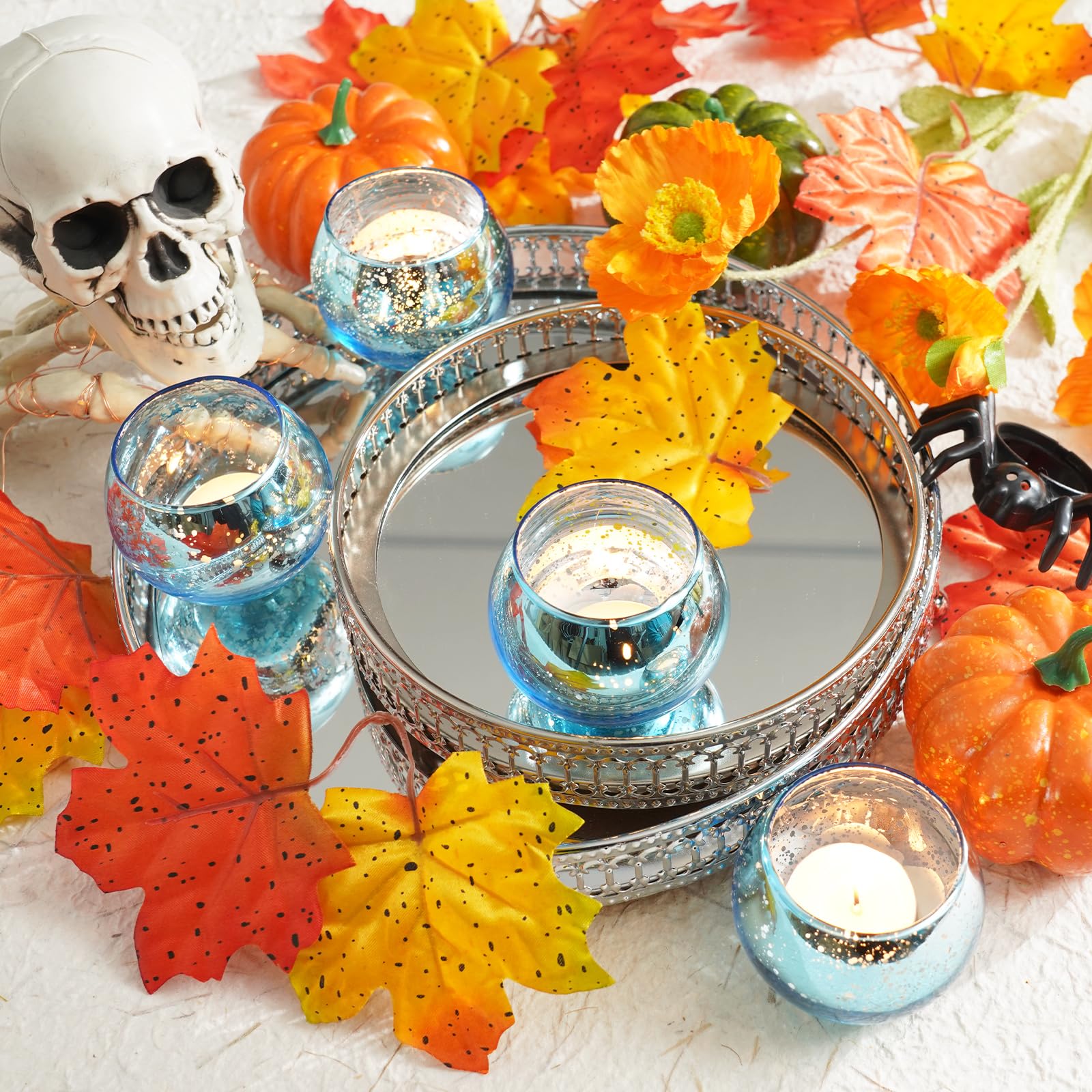 Homemory 12-Piece Blue Votive Candle Holders Set - Round Mercury Glass Tealight Holders for Table Centerpieces, Weddings, Baby Showers & Home Decor | Perfect for Halloween, Christmas & Anniversary Celebrations | Elegant Candle Display for Dining Tables, Mantels & Party Decorations