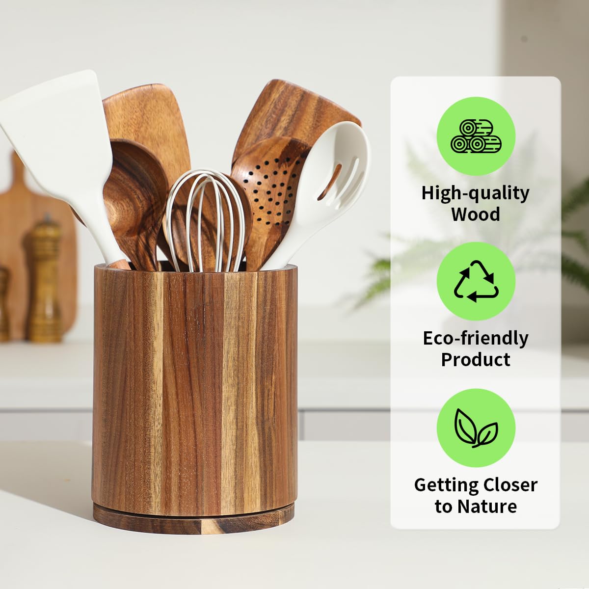 360° Rotating Acacia Wood Utensil Holder - 7.3