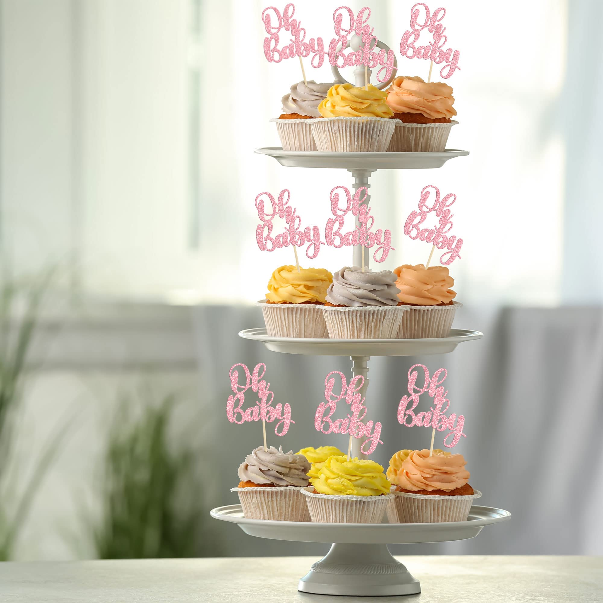 36 Pack Pink Glitter Oh Baby Cupcake Toppers - Baby Shower Cake Decorations, Party Supplies for Gender Reveal, Birthday Celebrations & Bridal Showers