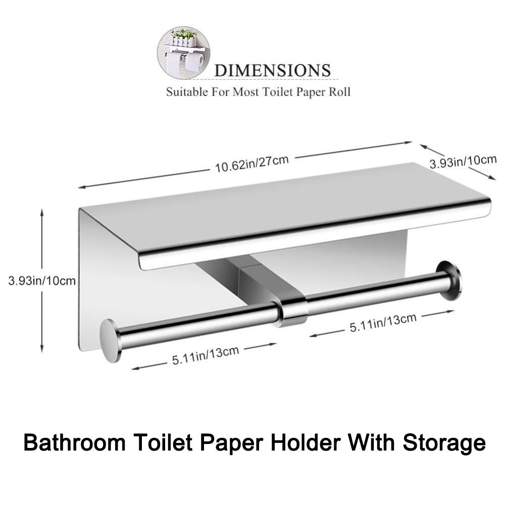 Wall Mounted Bathroom Toilet Paper Holder with Shelf - Sturdy Stainless Steel TP Roll Dispenser for Bath, Powder Room & RV - TP002