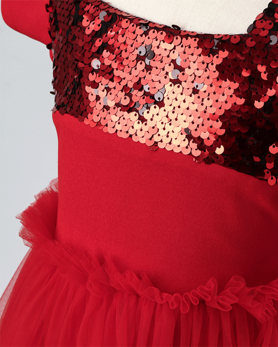 Pre Order: Flared Scuba & Net Gown with Sequin Embellishment - Red | Elegant Evening Dress for Prom, Party & Special Occasions