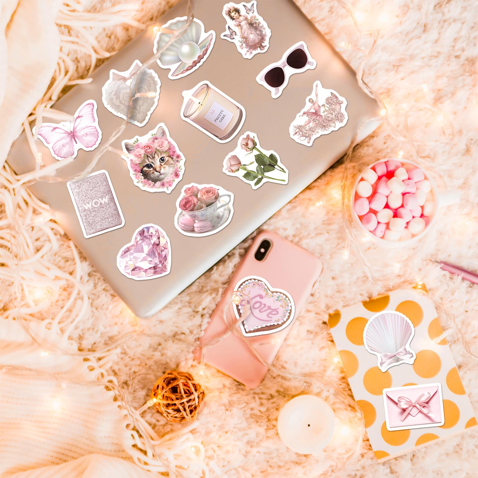 200 PCS Coquette Stickers - Aesthetic Pink Vinyl Decals for Girls & Women | Cute Girly Stickers for Water Bottles, Laptops, Scrapbooks, Journals & DIY Crafts | Perfect for School, Office & Home Decor