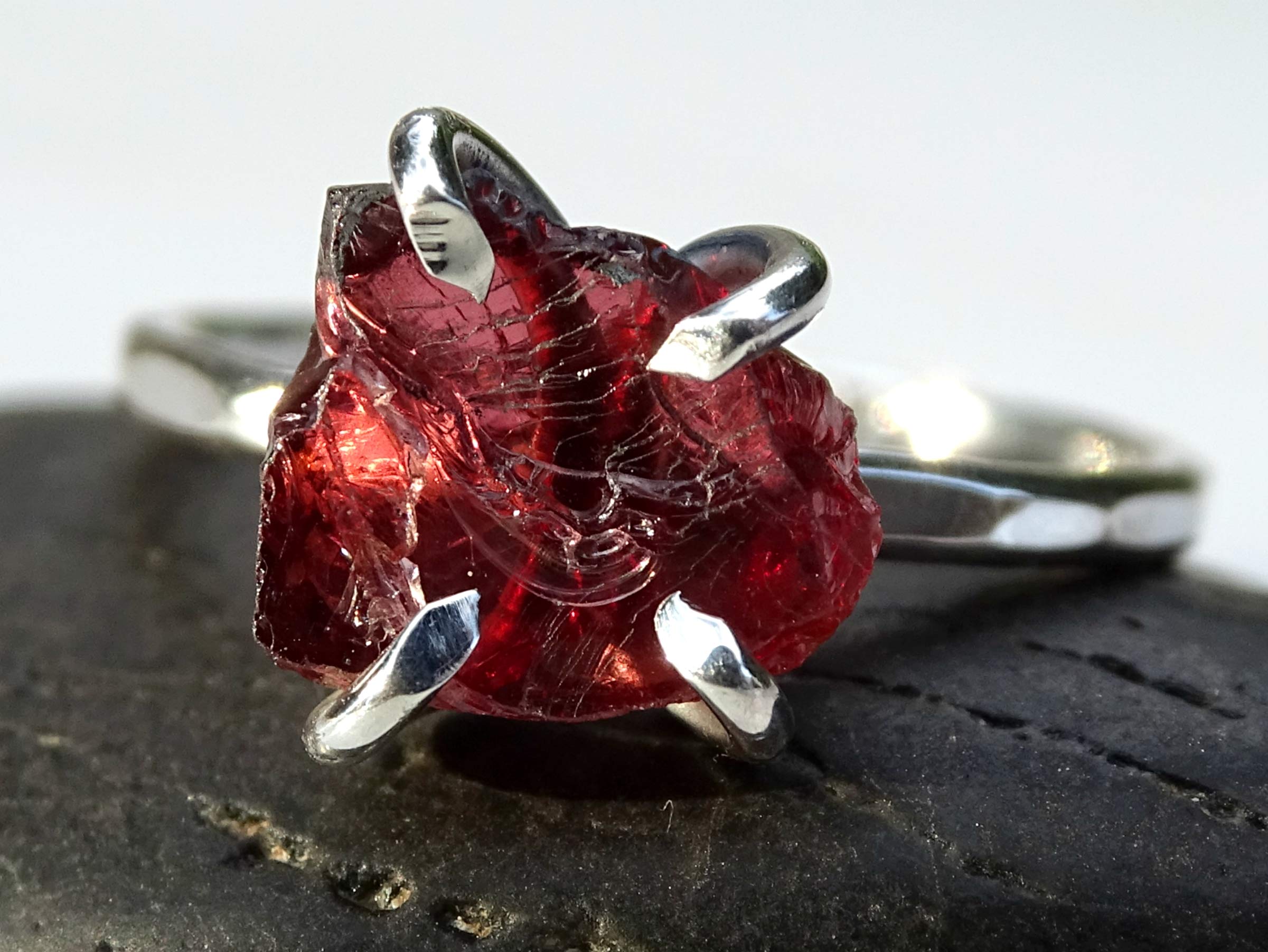 Natural Raw Garnet Silver Ring | Organic Stone Stacking Ring | Raw Crystal Jewelry | Unique Silver Engagement Ring for Women | Perfect Gift for Her - Boho Wedding, Everyday Wear, Anniversary Present