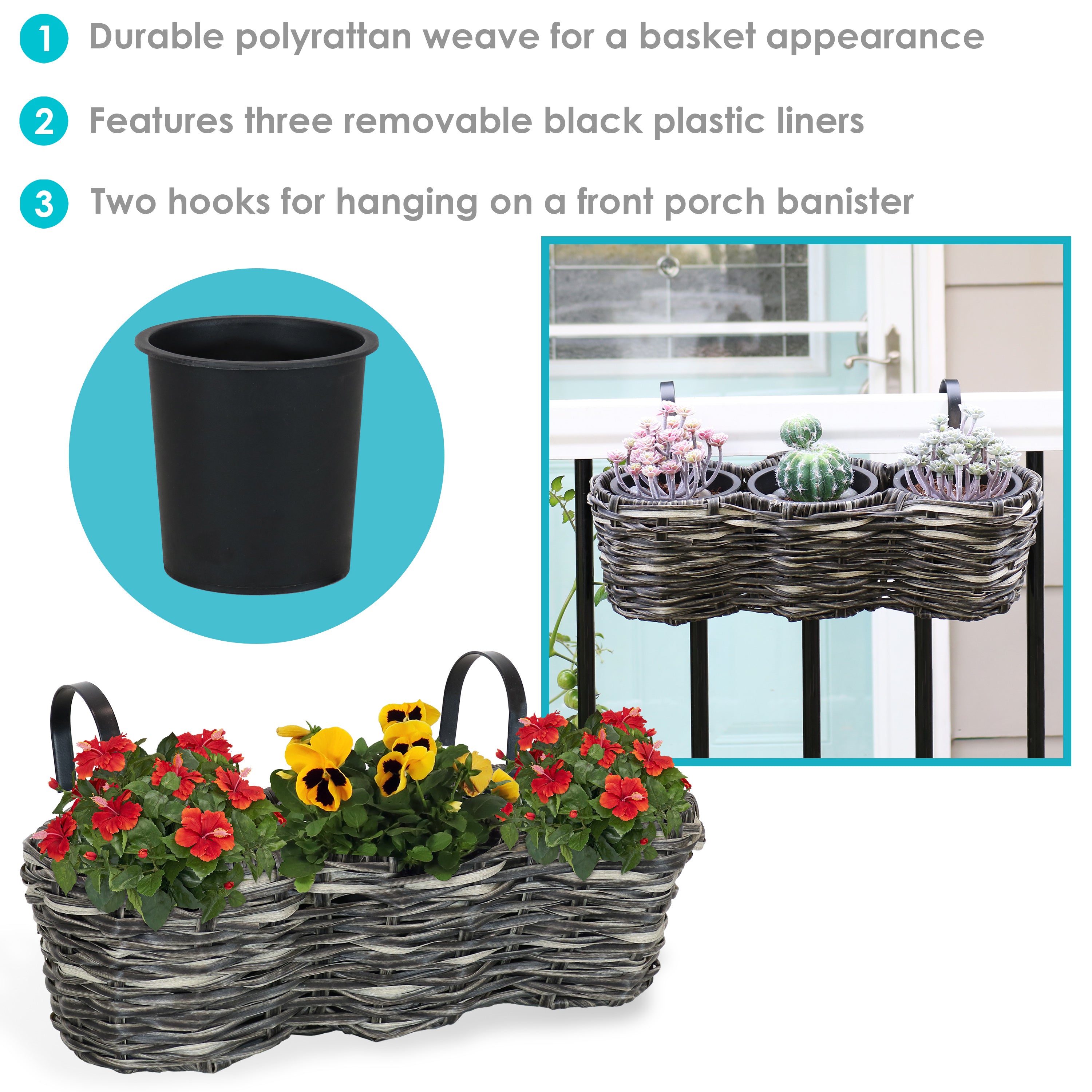 Sunnydaze Round Polyrattan 3-Section Over the Rail Planter - Hanging Flower Box for Balcony, Deck, Porch & Window Railings - Outdoor Garden Decor