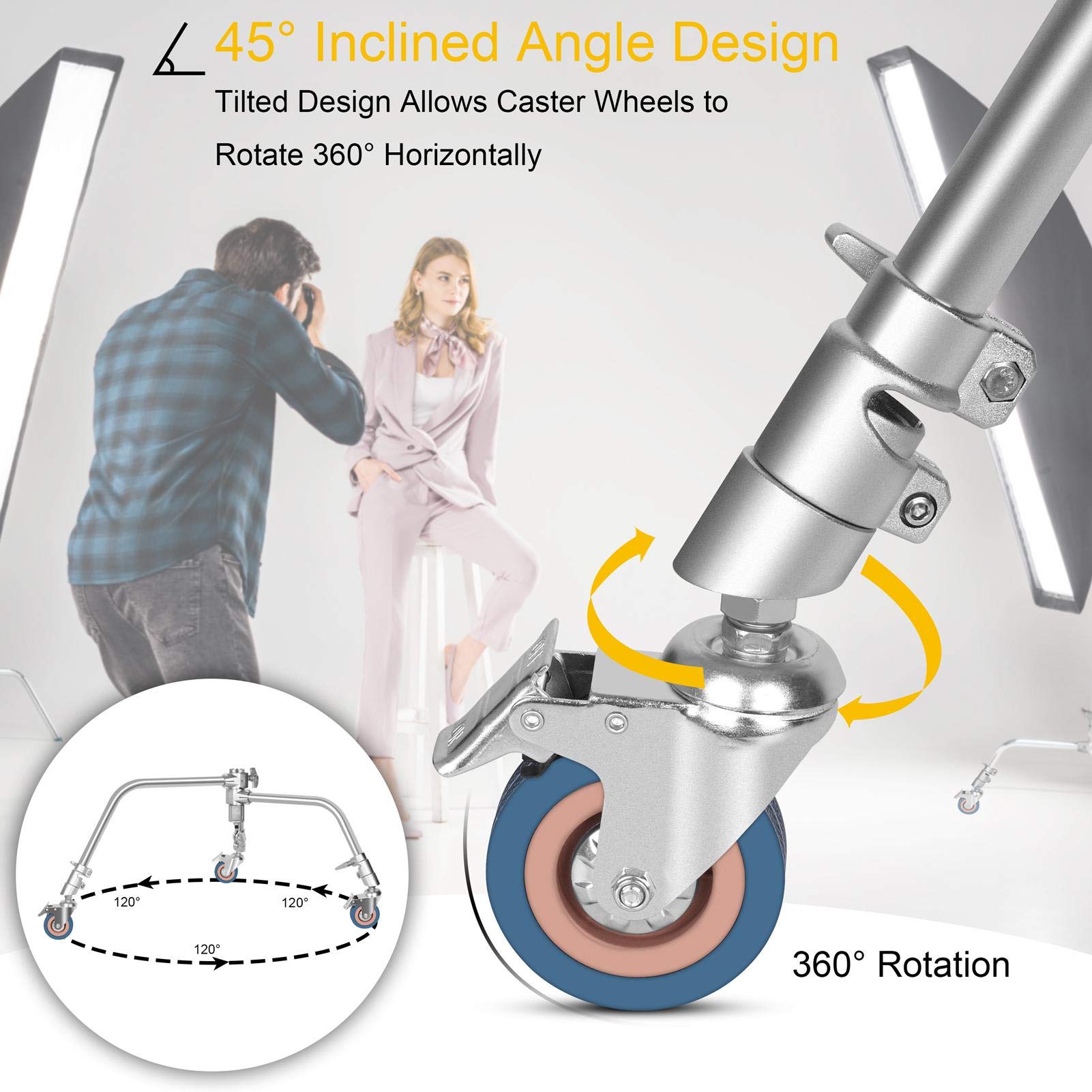 Professional EMART Photography C Stand with Swivel Caster Wheels - 10ft/300cm Adjustable Heavy Duty Light Stand with 4.2ft/128cm Holding Arm - Foldable Tripod Magic Leg Wheel for Studio Photography, Video Production & Lighting Equipment Support