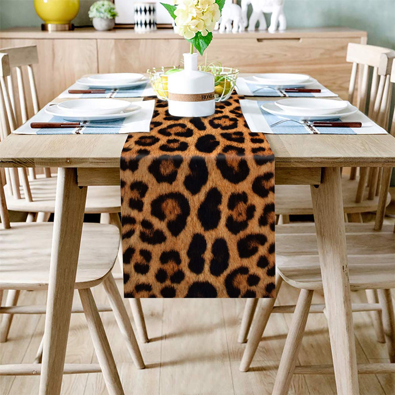 Jaguar Leopard Print Burlap & Cotton Table Runner 13x120 Inch - Elegant Dining Table Decor for Parties, Holiday Banquets & Kitchen Decor | Perfect for Thanksgiving, Christmas & Wedding Events