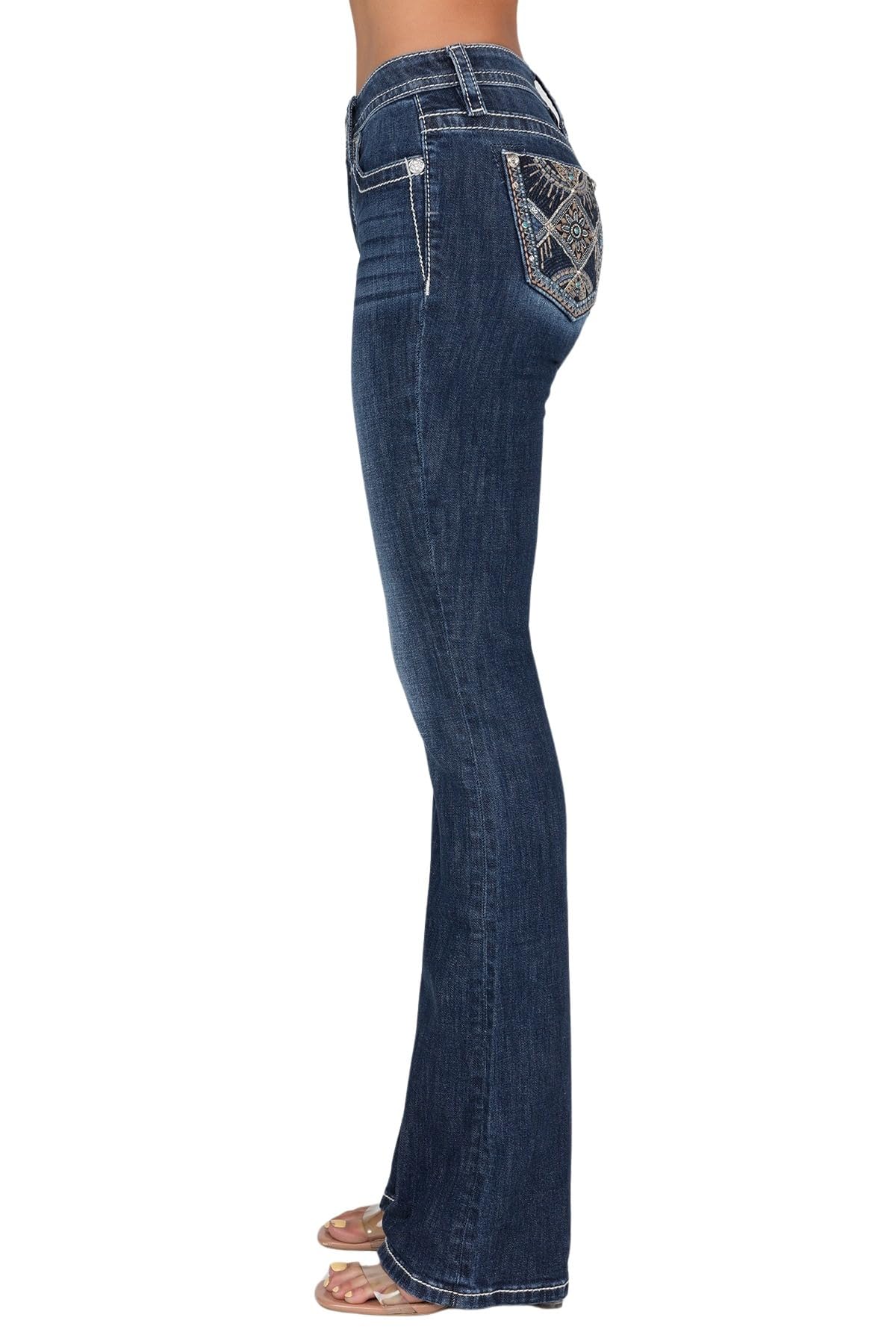 Miss Me Women's Mid Rise Floral Print Bootcut Jeans - Stylish & Comfortable Denim Pants for Casual Wear & Date Nights