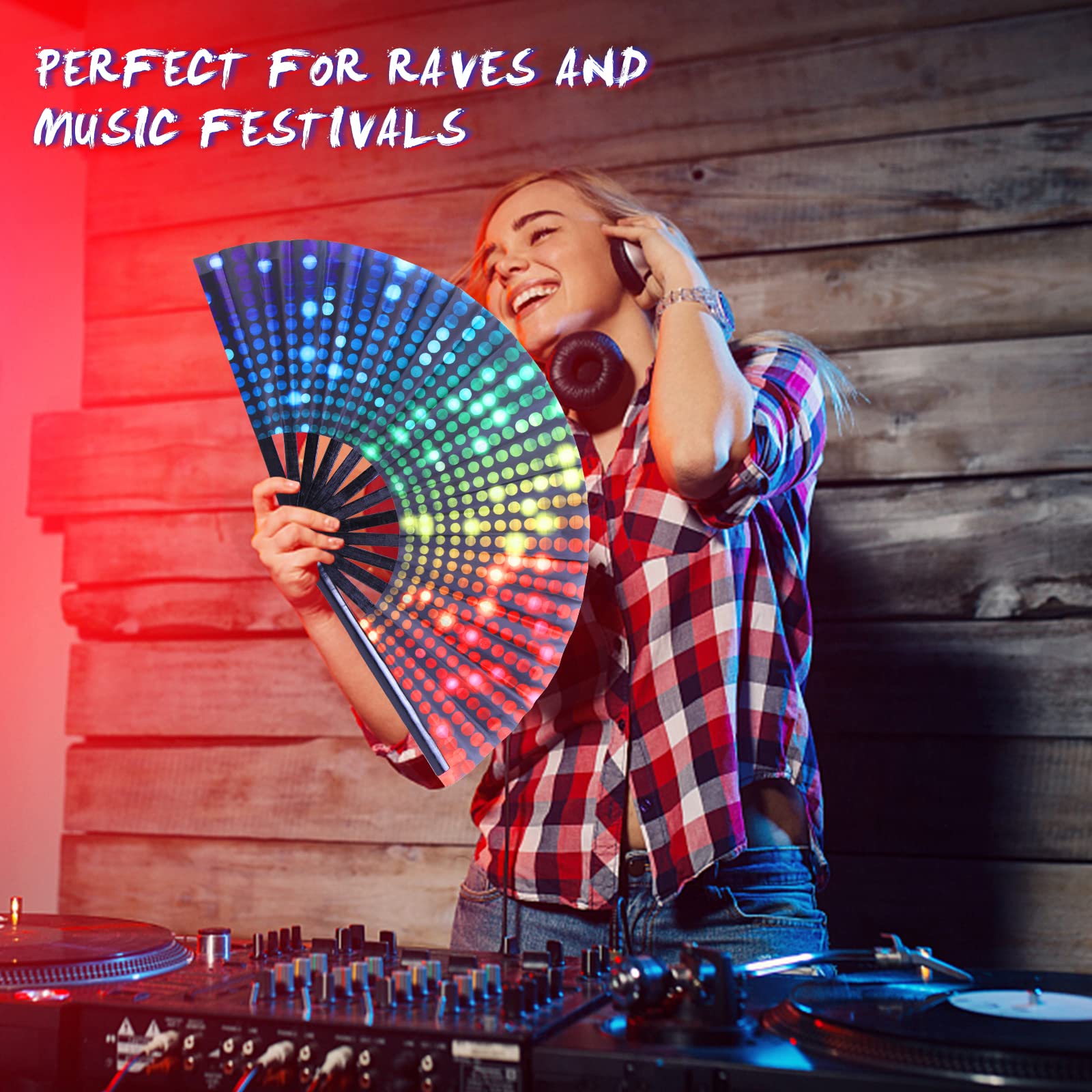 Gionforsy Rave Hand Fan - Large Bamboo Folding Fan with Vibrant Fabric for Festivals, Concerts & Outdoor Events (2-Pack, Style 2) - Perfect for Raves, Beach Parties & Summer Cooling