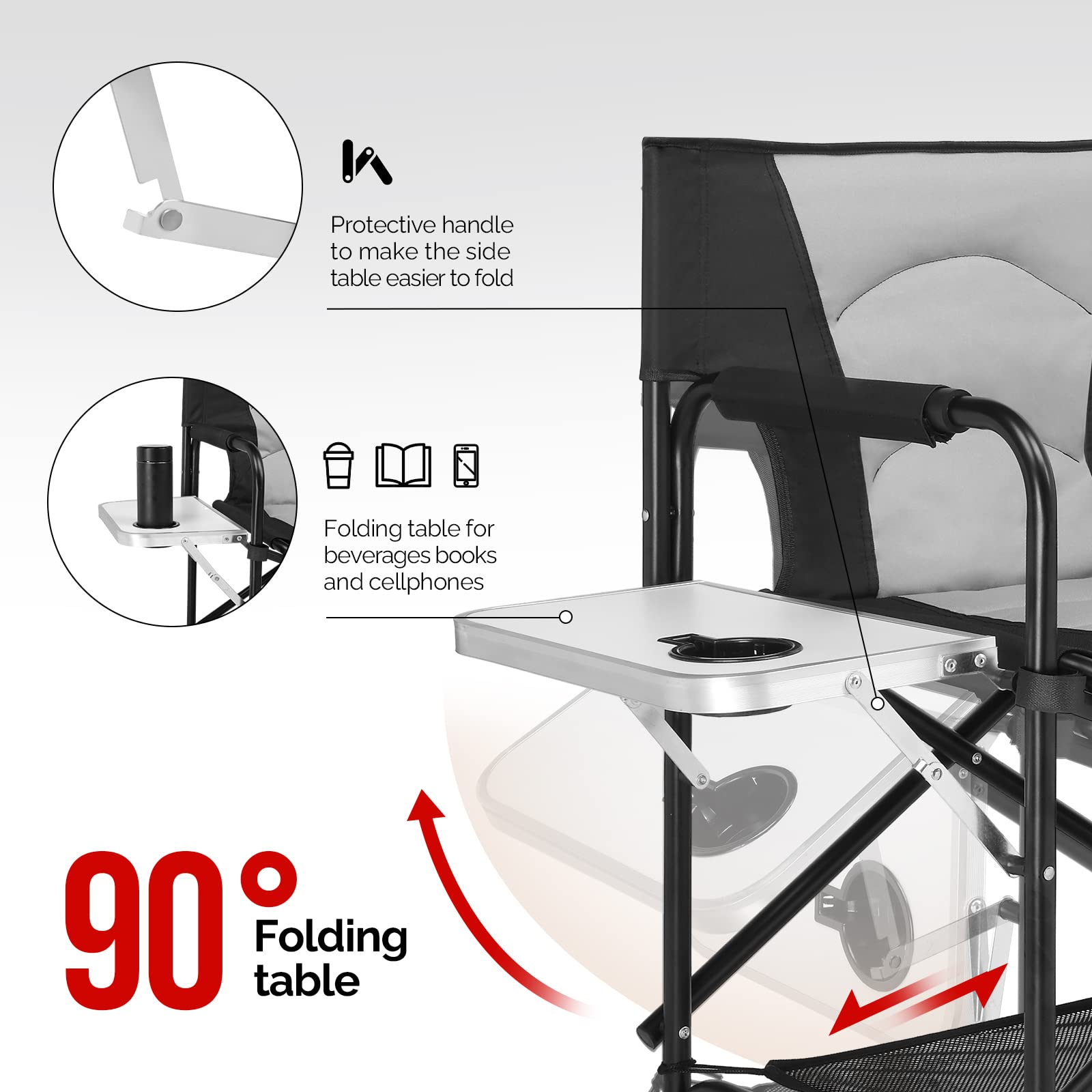 Mefeir 30 Inch Heavy Duty Directors Camping Chair with Side Table - Portable Folding Bar Height Chair for Outdoor, Beach, Picnics & Makeup Artists - 300 lbs Capacity Aluminum Frame