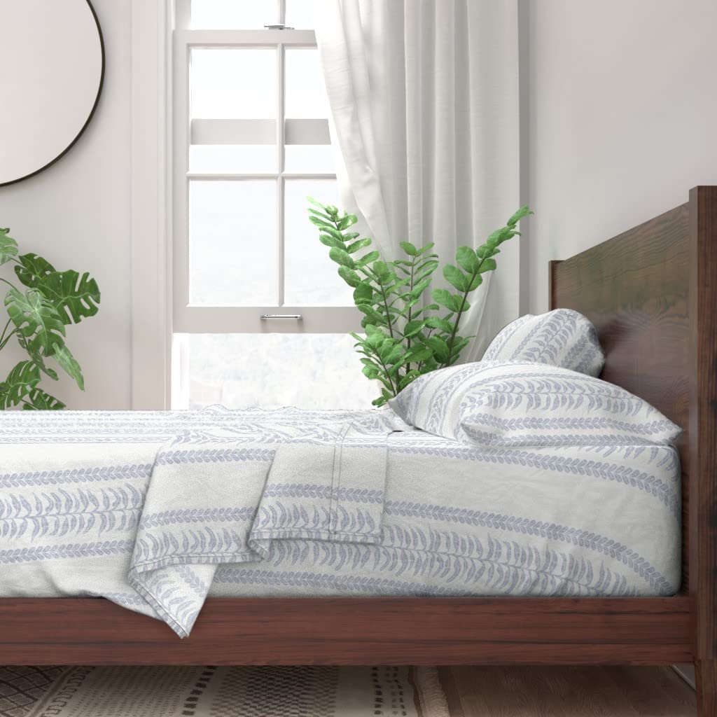 100% Cotton Queen Size 4-Piece Sheet Set - Blue White Palm Stripe with Gray Fern Leaf Print | Custom Bedding for Home Decor & Guest Room
