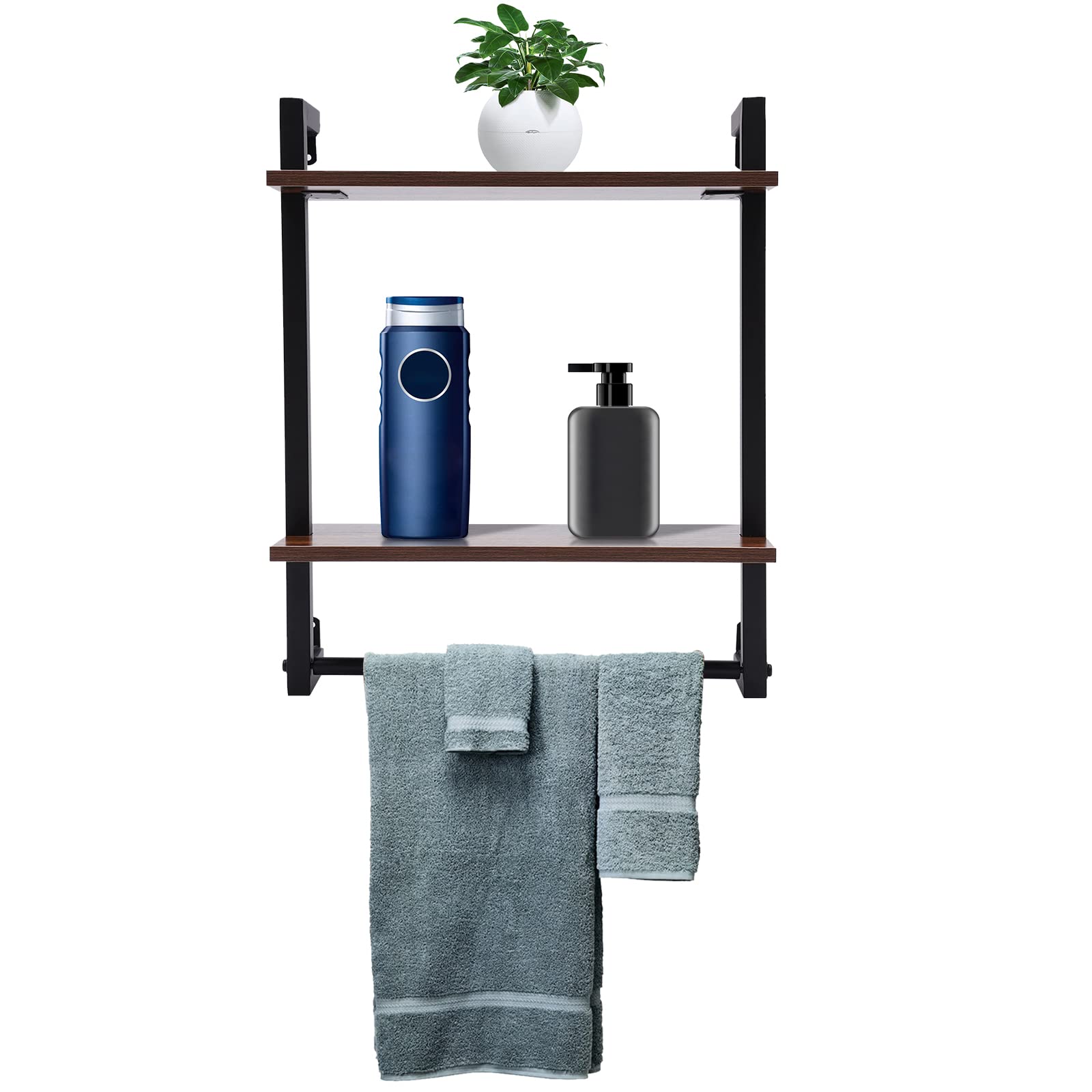 2-Tier Industrial Pipe Shelf - Rustic Floating Wall Shelf for Bathroom, Kitchen & Living Room - Metal and Wood Wall Mounted Shelves with Towel Bar - Space Saving Home Decor, Book Storage & Towel Holder - Perfect for Organizing Essentials in Small Apartments, Farmhouses & Modern Homes - Great for Bathroom Towel Storage, Kitchen Spice Rack & Living Room Book Display