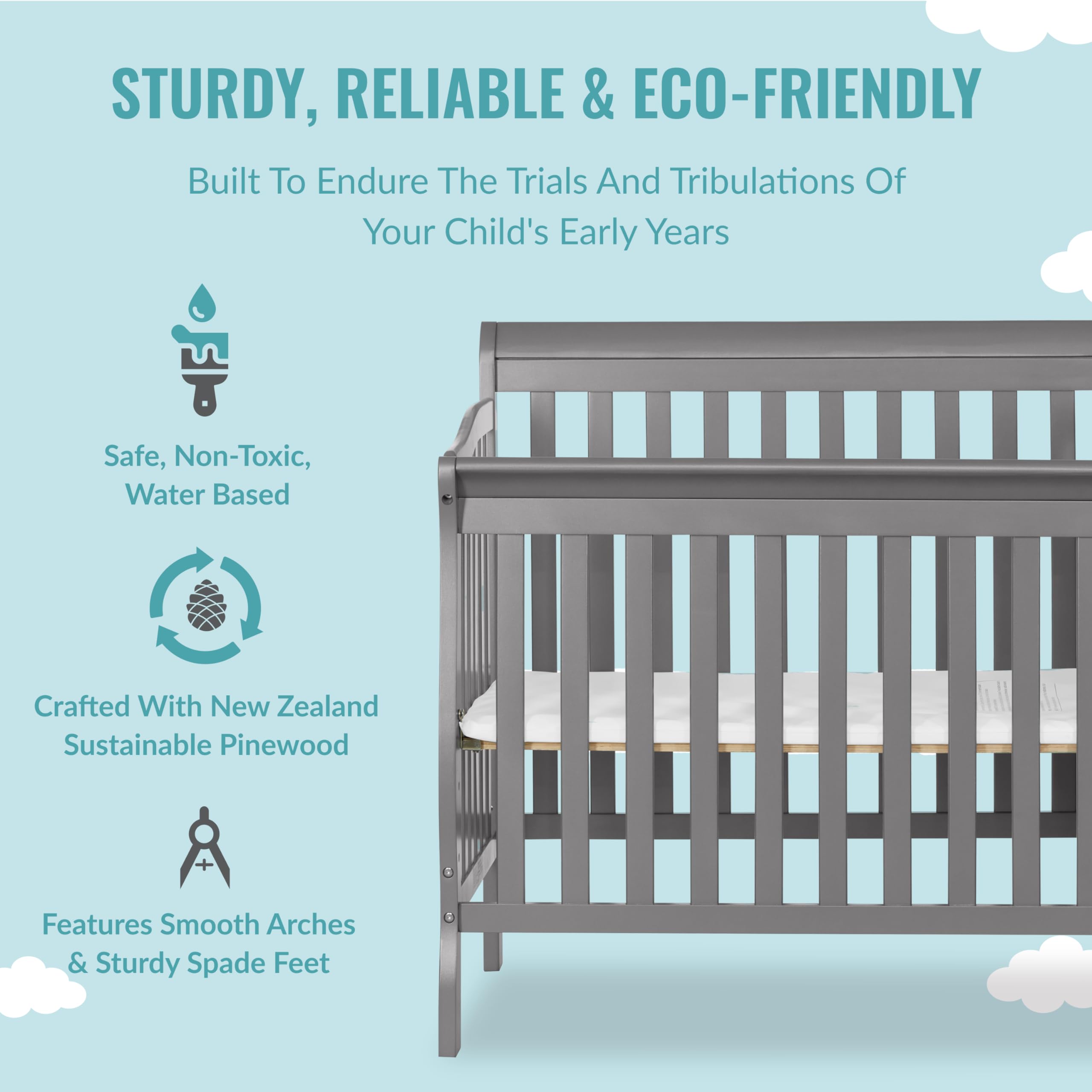 **Dream On Me Jayden 4-in-1 Convertible Mini Crib & Changer – Storm Grey, GREENGUARD Gold Certified, Non-Toxic New Zealand Pinewood, 1