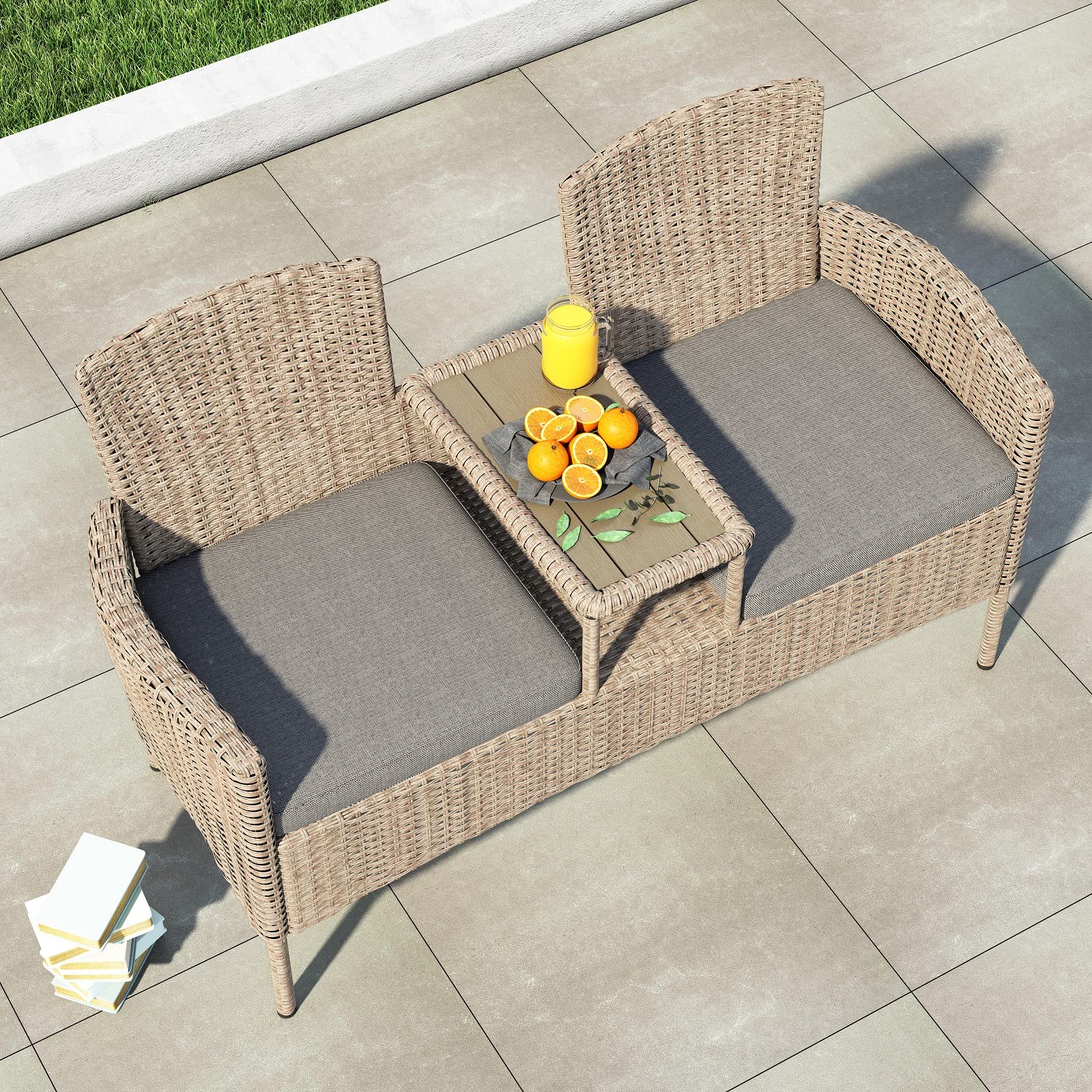 Lepus Outdoor Rattan Loveseat - Modern 2-Person Patio Bistro Set with Cushions, Built-in Wood Tabletop & Storage Space - Perfect for Backyard, Front Porch, Poolside Relaxation (Beige White) - Ideal for Outdoor Dining, Lounging and Entertaining Guests