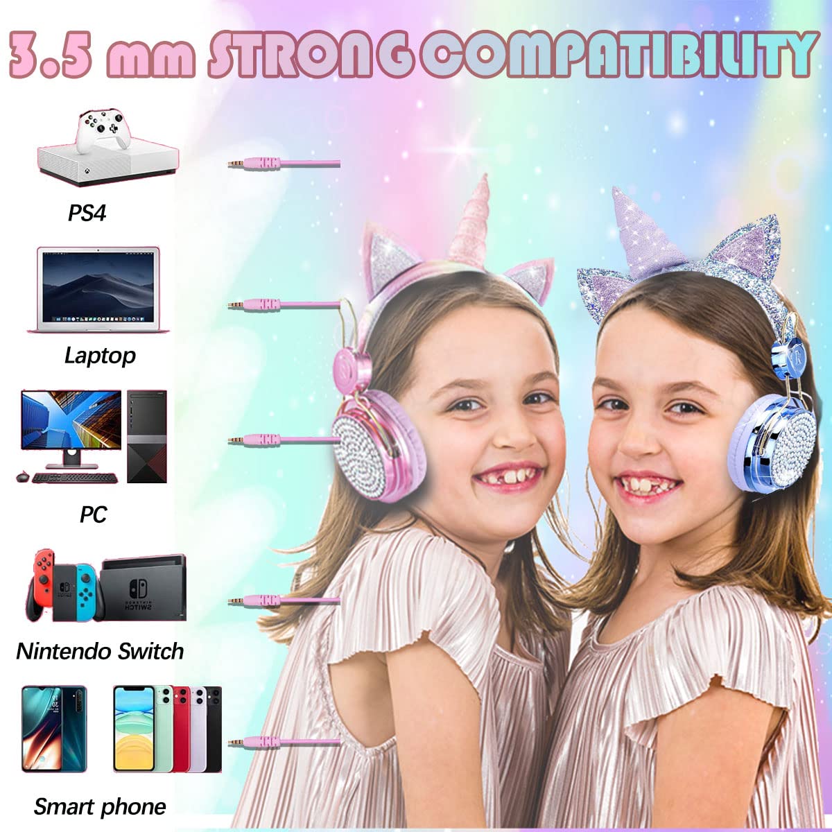 Unicorn Cat Ear Bluetooth 5.0 Wireless Headphones for Kids - Foldable Over-Ear Headset with Mic for iPhone, iPad, Laptop, PC, TV, PS4 & Xbox One - Perfect Gaming Gift for Girls & Teens (Blue) - Ideal for School, Travel & Gaming
