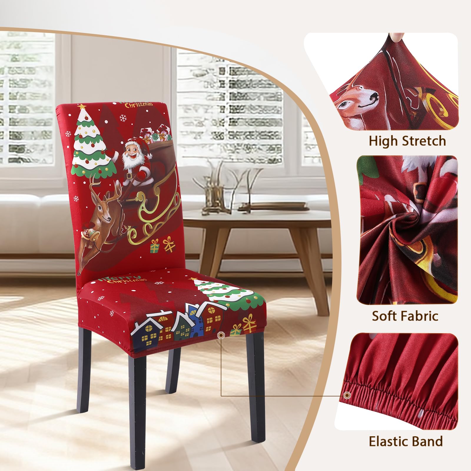 Stretchable Christmas Dining Chair Covers Set of 4 - Washable Spandex Xmas Parsons Chair Slipcovers with Santa & Deer Print for Holiday Decorations, Kitchen & Party Use - Perfect for Christmas Dinner, Family Gatherings & Festive Home Decor