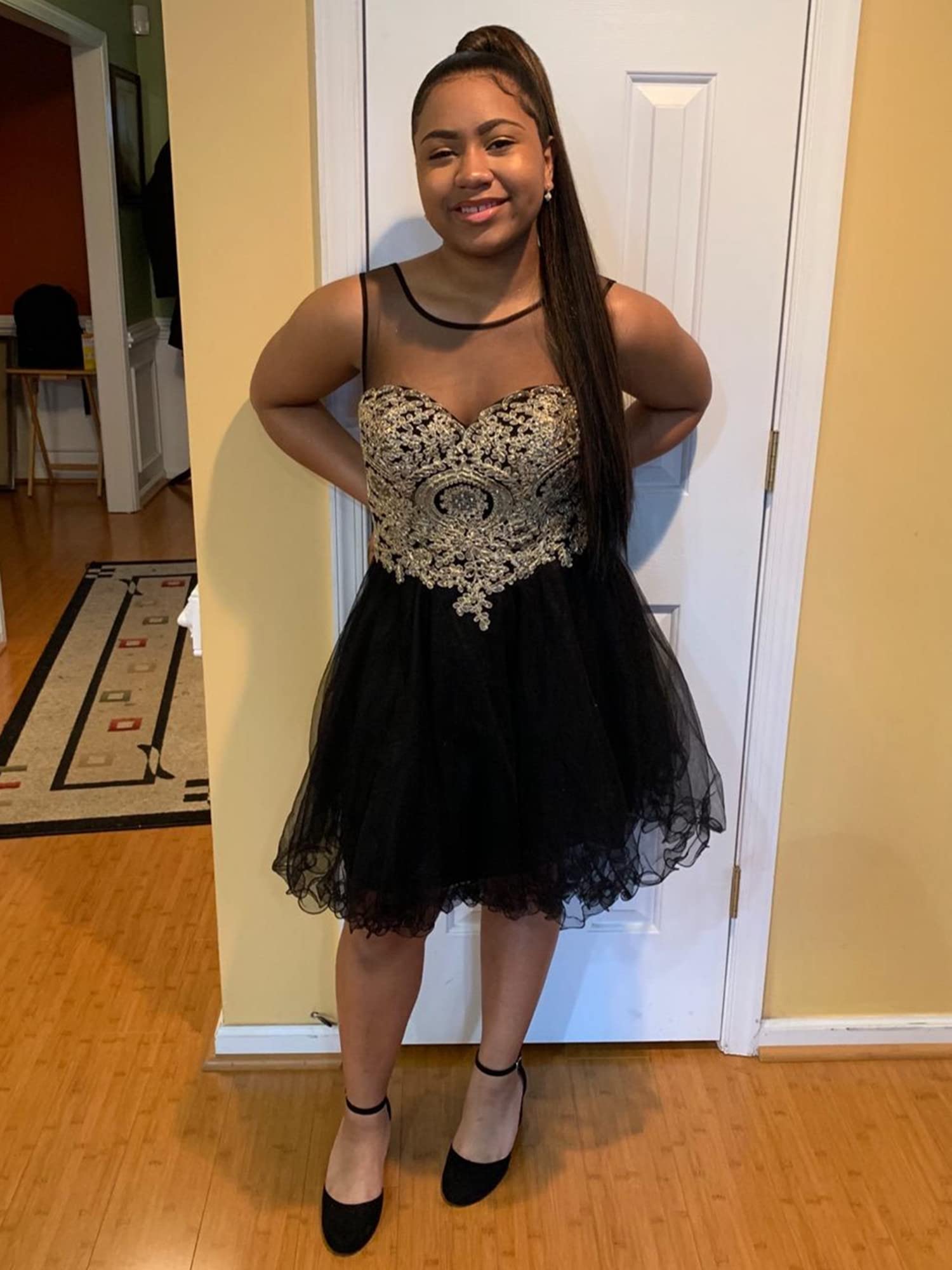 Elegant Navy Blue Quinceanera Prom Dress with Tulle Appliques & Illusion Crystals | Knee-Length Ball Gown for Teen Dances, Sweet 16 Parties & Formal Events | US Size 4