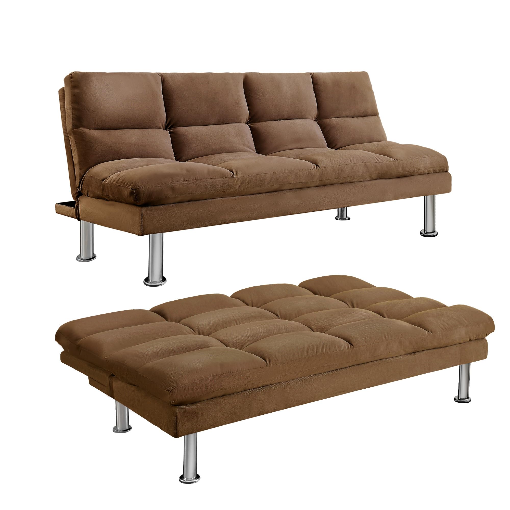 Convertible Futon Sofa Bed with Reversible Backrest - High-Density Memory Foam Sleeper Couch for Small Spaces, Living Room, Apartment & Office - Brown | Space-Saving Multi-Functional Furniture for Guest Room, Studio & Dorm