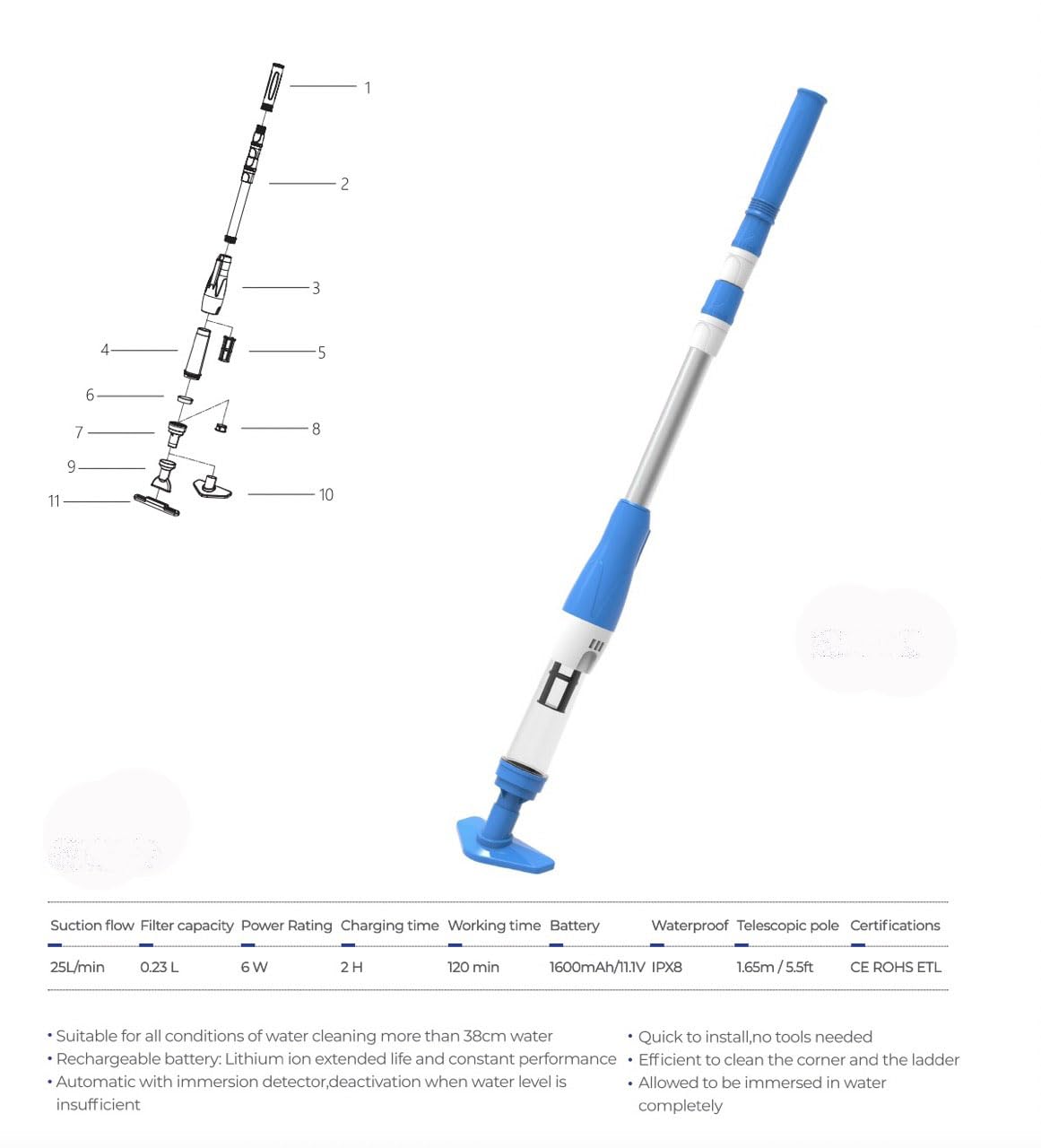 **Cordless Rechargeable Pool Vacuum Cleaner - Lightweight Handheld Spa & Hot Tub Cleaner for Small Pools, Intex Pools - Blue | Perfect for Quick Cleaning & Maintenance**