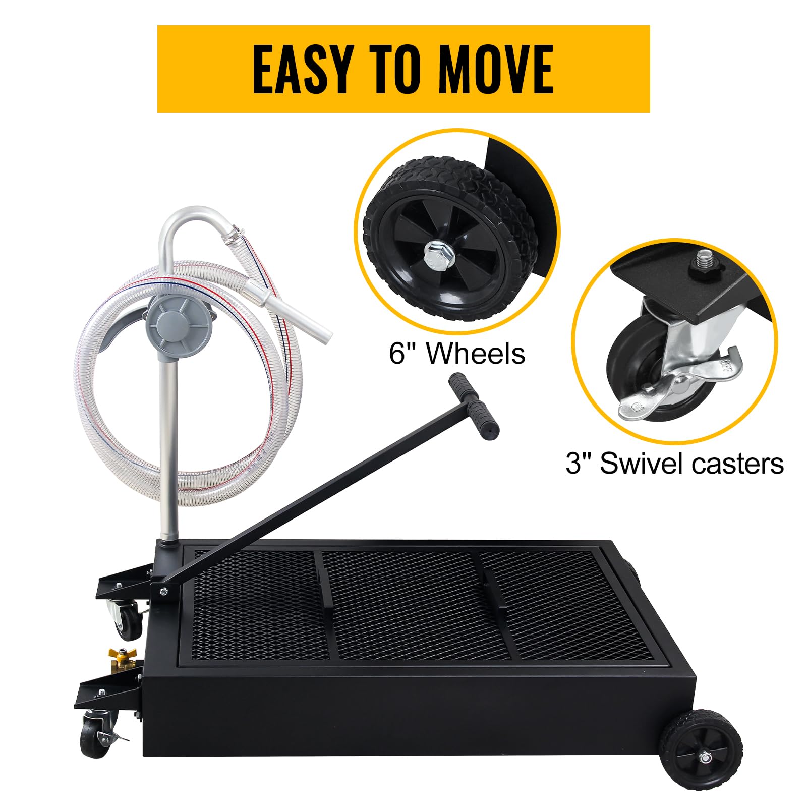 25 Gallon Low Profile Oil Drain Pan with Hand Pump, Hose & Swivel Casters - Large Capacity Oil Change Tank for Cars, SUVs, Trucks - Foldable Handle for Easy Storage - Perfect for DIY Garage Maintenance & Professional Auto Repair (Black)
