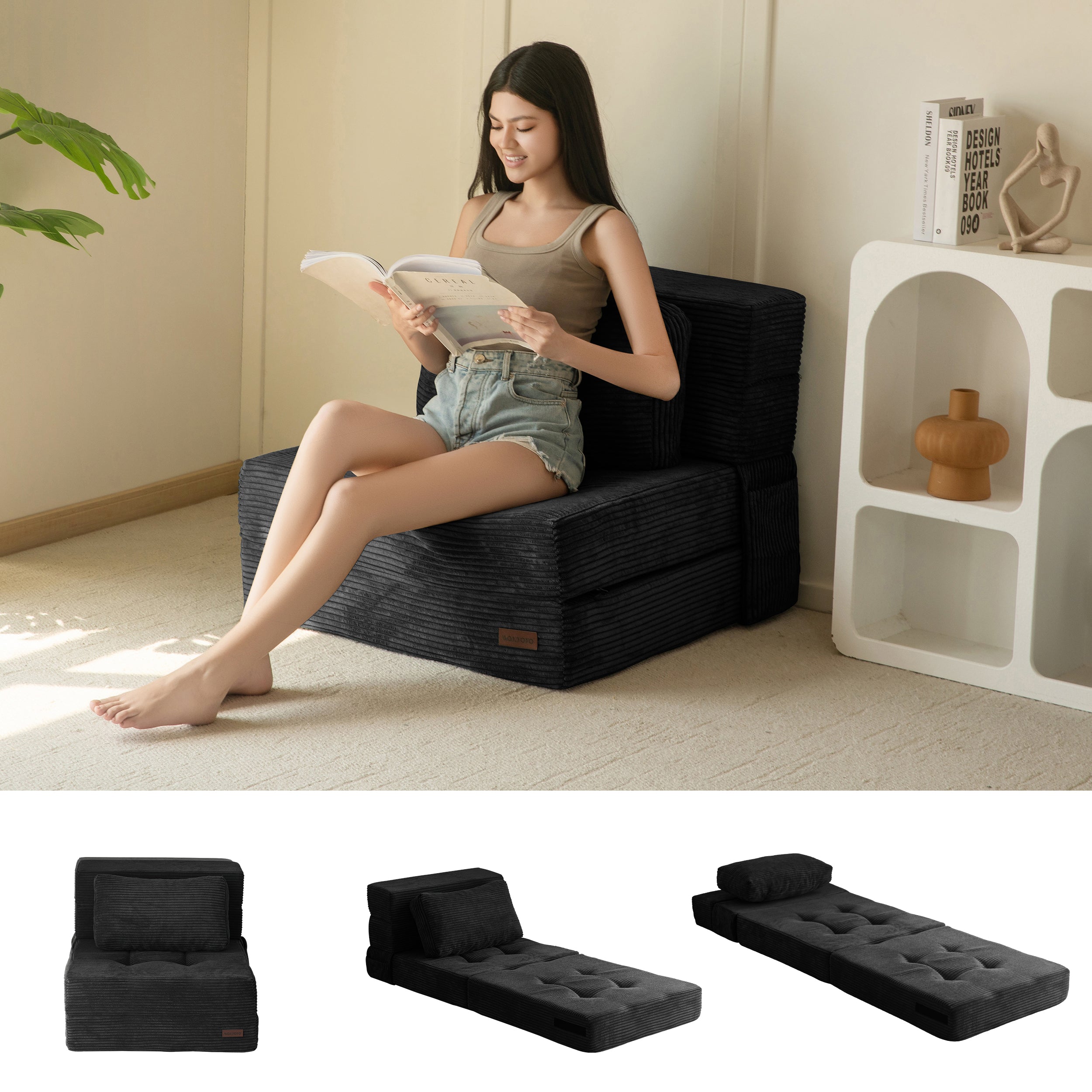 MAXYOYO 3-in-1 Convertible Sofa Bed - Fold Out Single Sleeper Sofa with Pillow, Folding Couch Bed & Foam Floor Couch for Living Room, Bedroom & Guest Room - Perfect for Small Spaces, Overnight Guests & Lounge Relaxation - Black