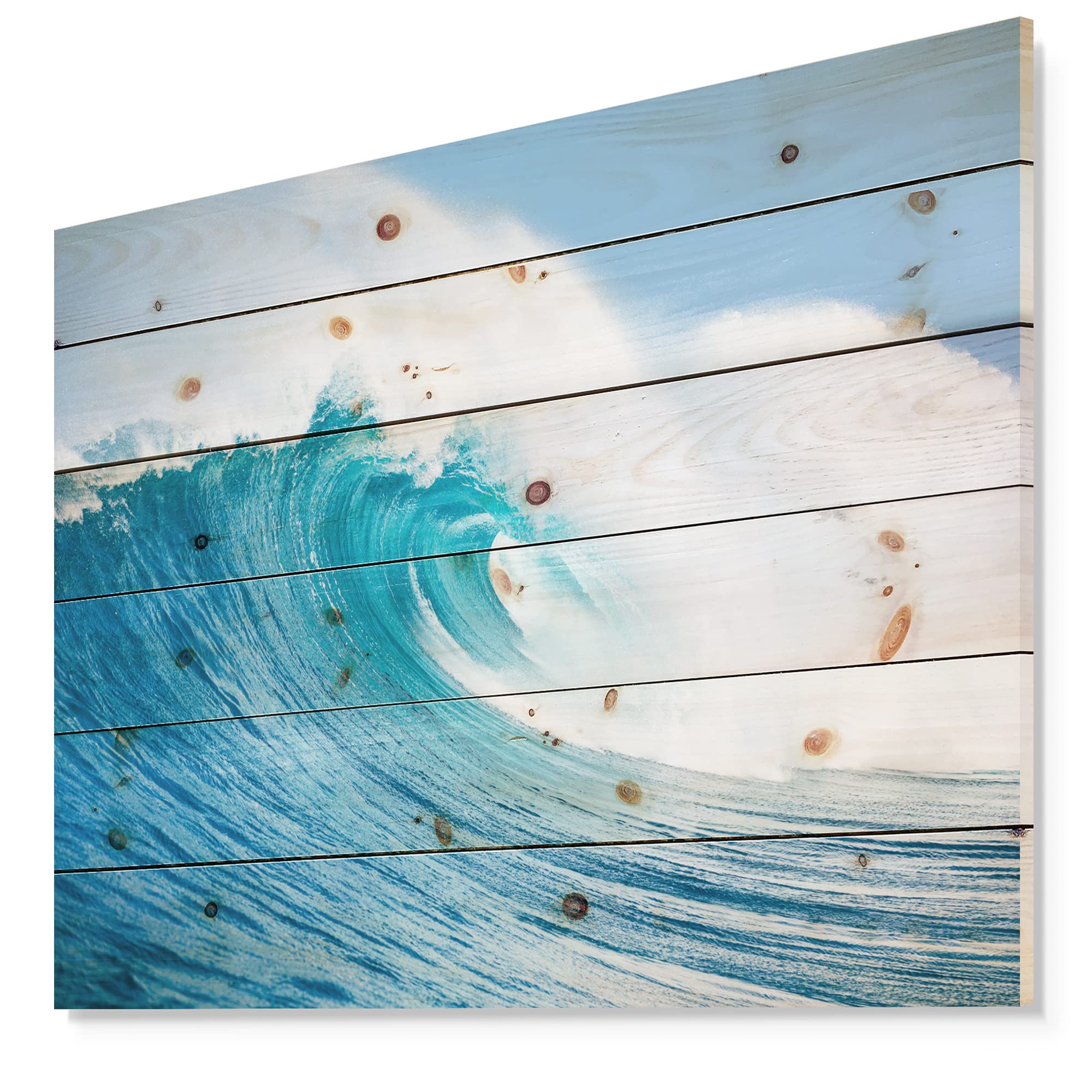 Blue Ocean Wave Nautical Wood Wall Art - Coastal Beach Decor Printed on Natural Pine Wood - Large Wooden Wall Panels for Living Room, Bedroom or Beach House Decoration