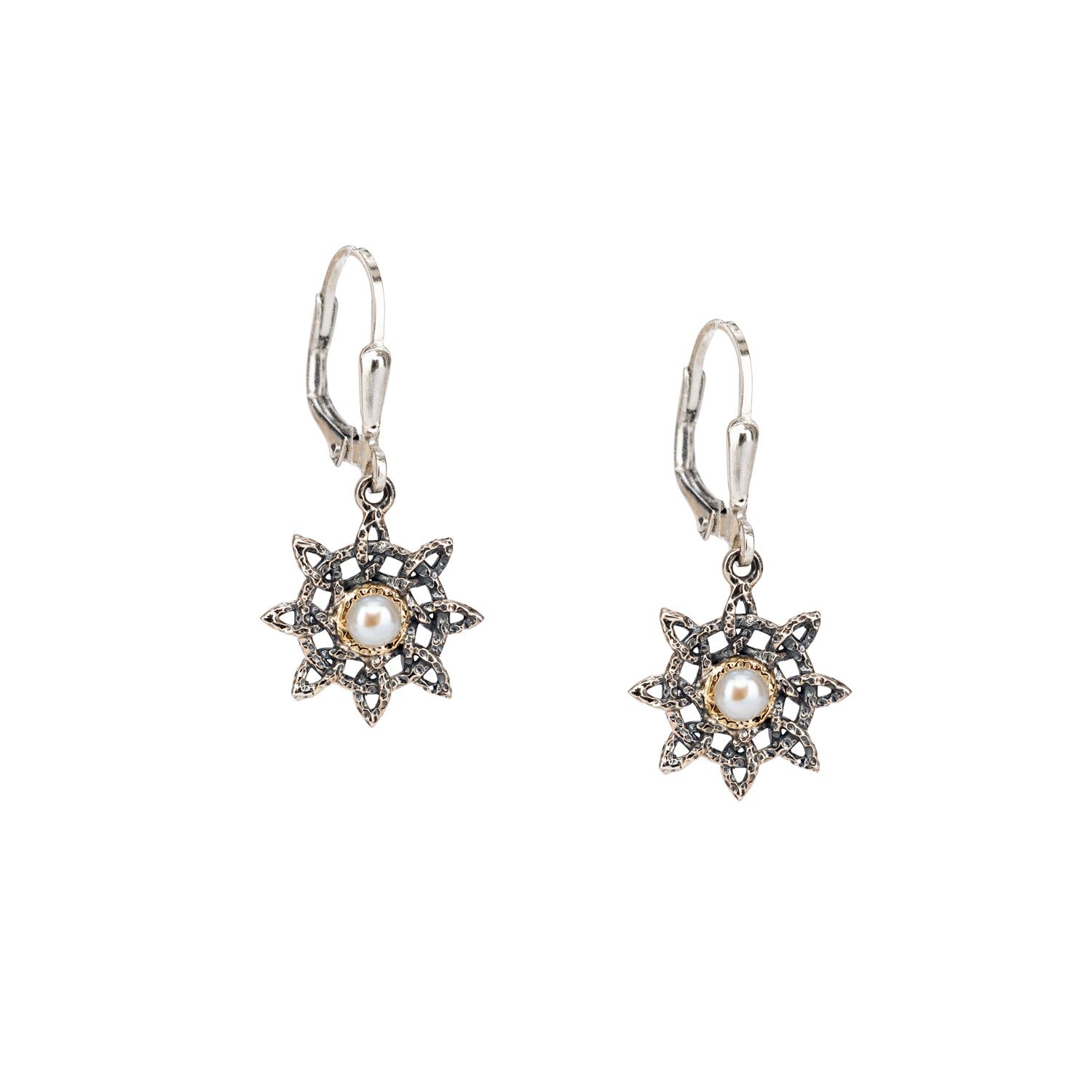 10K Gold & Silver Aphrodite Leverback Earrings with White Freshwater Pearl - Elegant Jewelry for Weddings, Parties & Special Occasions