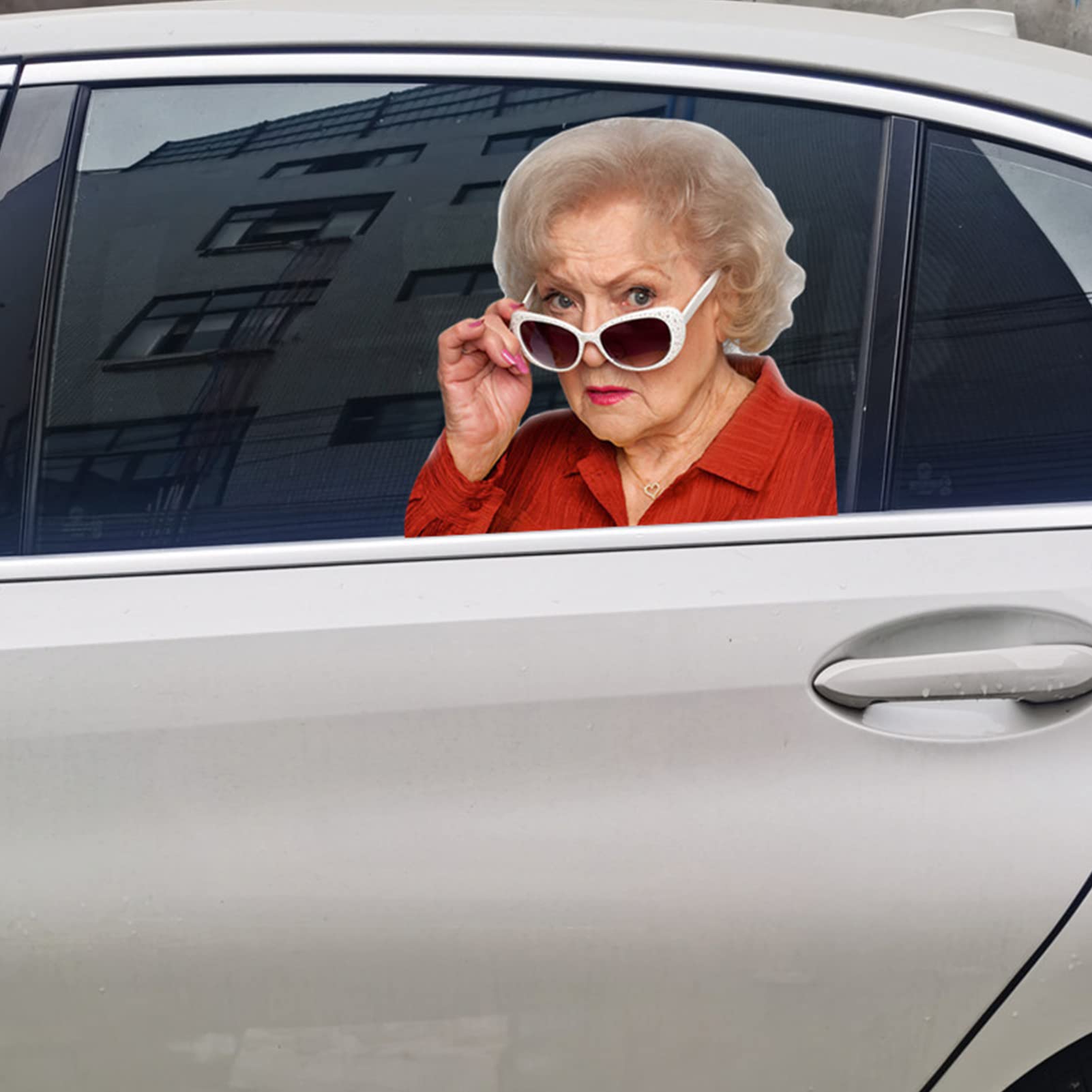 Funny Betty White Car Window Cling Sticker - Left Side Vehicle Decal for Cars, Trucks & SUVs | Perfect for Humor Lovers & Fans | Great for Road Trips, Commuting & Pranking Friends