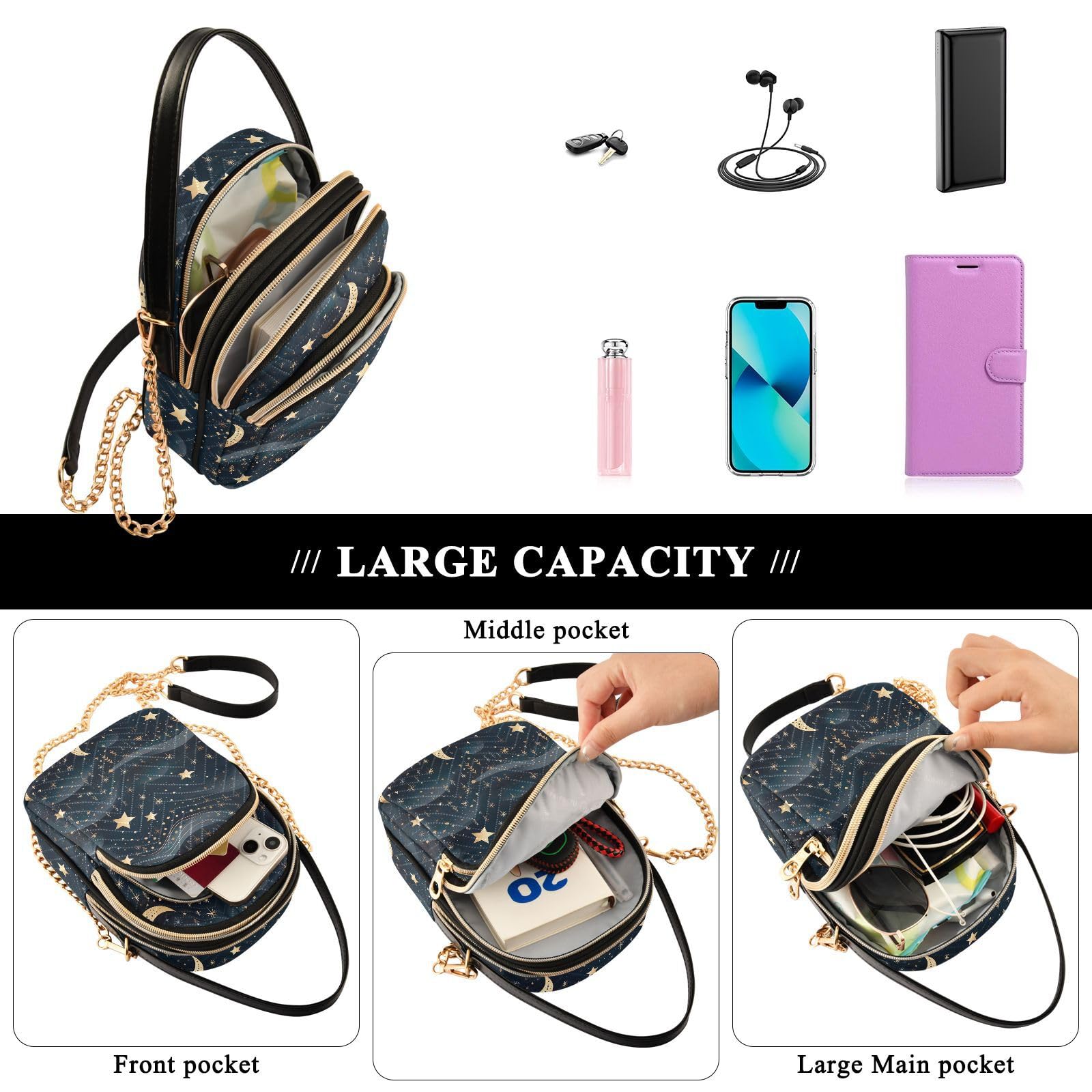 Women's Stars & Moon Crossbody Bag - Detachable Strap Purse for Travel & Daily Use