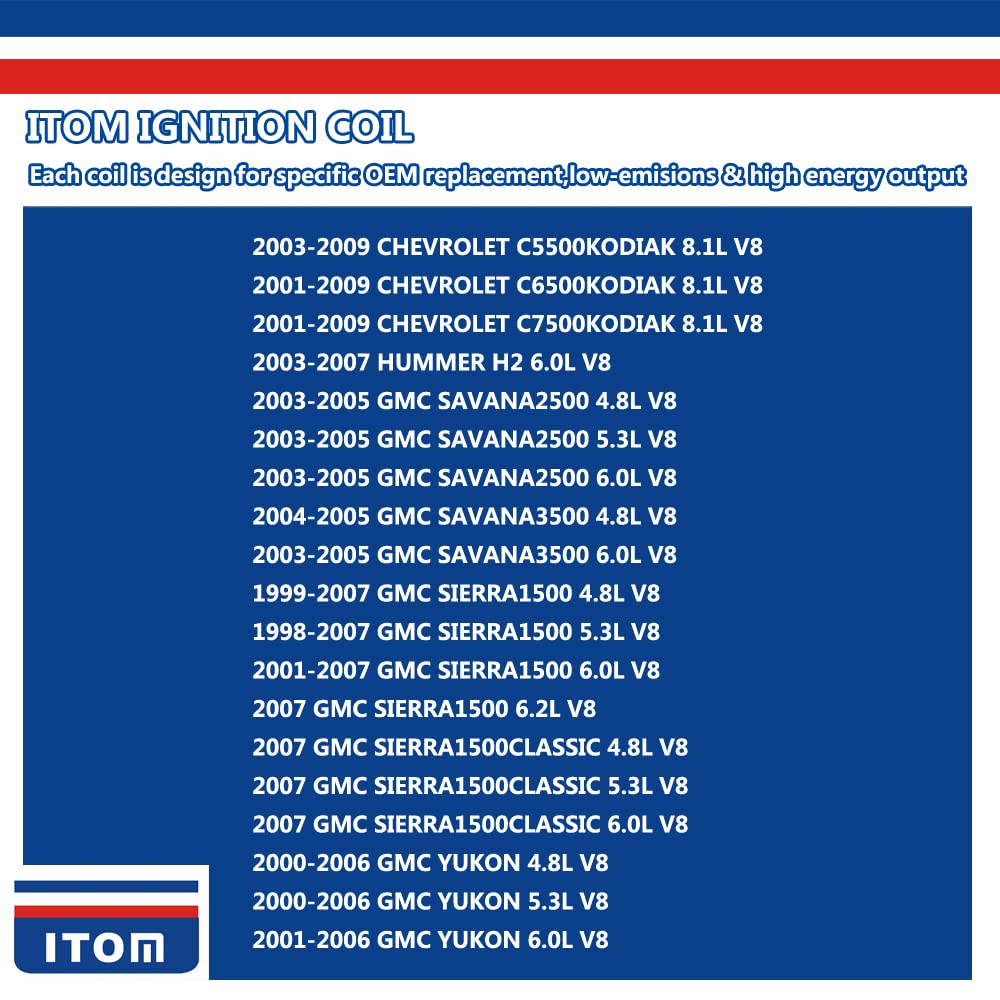 ITOM Ignition Coil Pack T0137 UCA2860 UF192 - Compatible with Cadillac CTS, Chevy Corvette, Suburban, Silverado, Camaro, Pontiac, Sierra, Savana, Yukon, Workhorse (5.7L 6.0L 7.4L 8.1L V8 LS6) - High Performance Replacement Part for Smooth Engine Operation