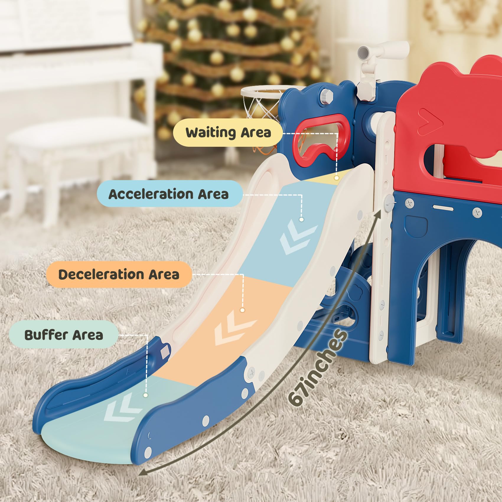 **Babytronic 7-in-1 Toddler Slide & Playset for Kids Ages 1-3 – Indoor & Outdoor Slide with Basketball Hoop & Telescope – Blue & Red – Perfect for Playrooms, Backyards, and Daycares**