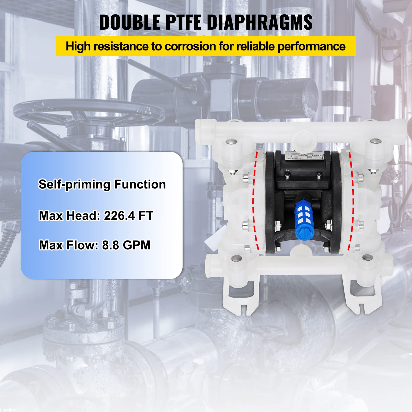 Happybuy 1/2 Inch Air-Operated Double Diaphragm Pump - 8.8 GPM, 120 PSI Max, Polypropylene Body with PTFE Diaphragm - Ideal for Transferring Petroleum, Diesel, Oil & Low Viscosity Fluids in Industrial, Automotive and Chemical Applications