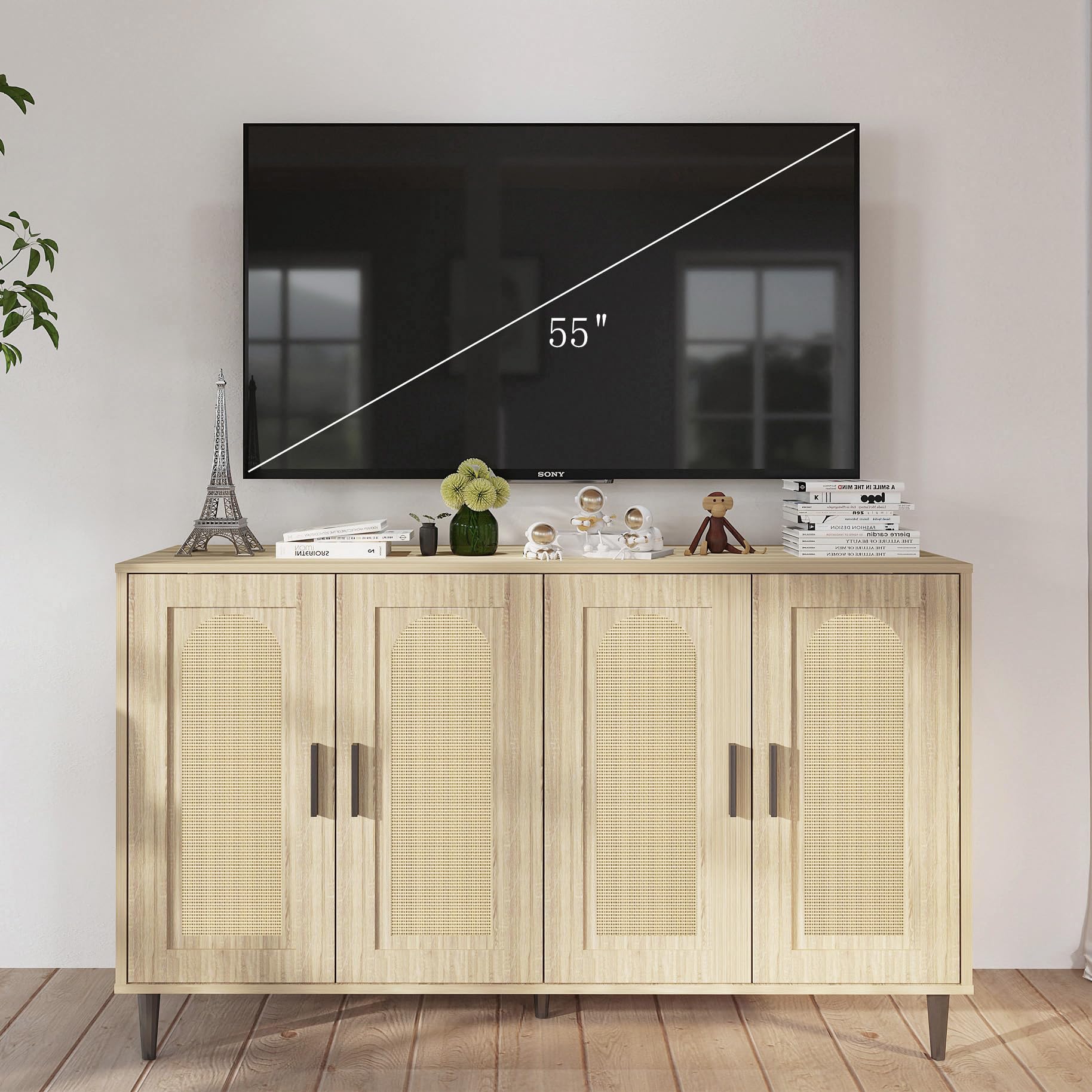 Rattan Buffet Cabinet with 4 Doors & Storage - Natural Wood Sideboard for Dining Room, Kitchen, Hallway | Accent Cabinet, Cupboard Console Table | Perfect for Entertaining, Storage & Home Decor