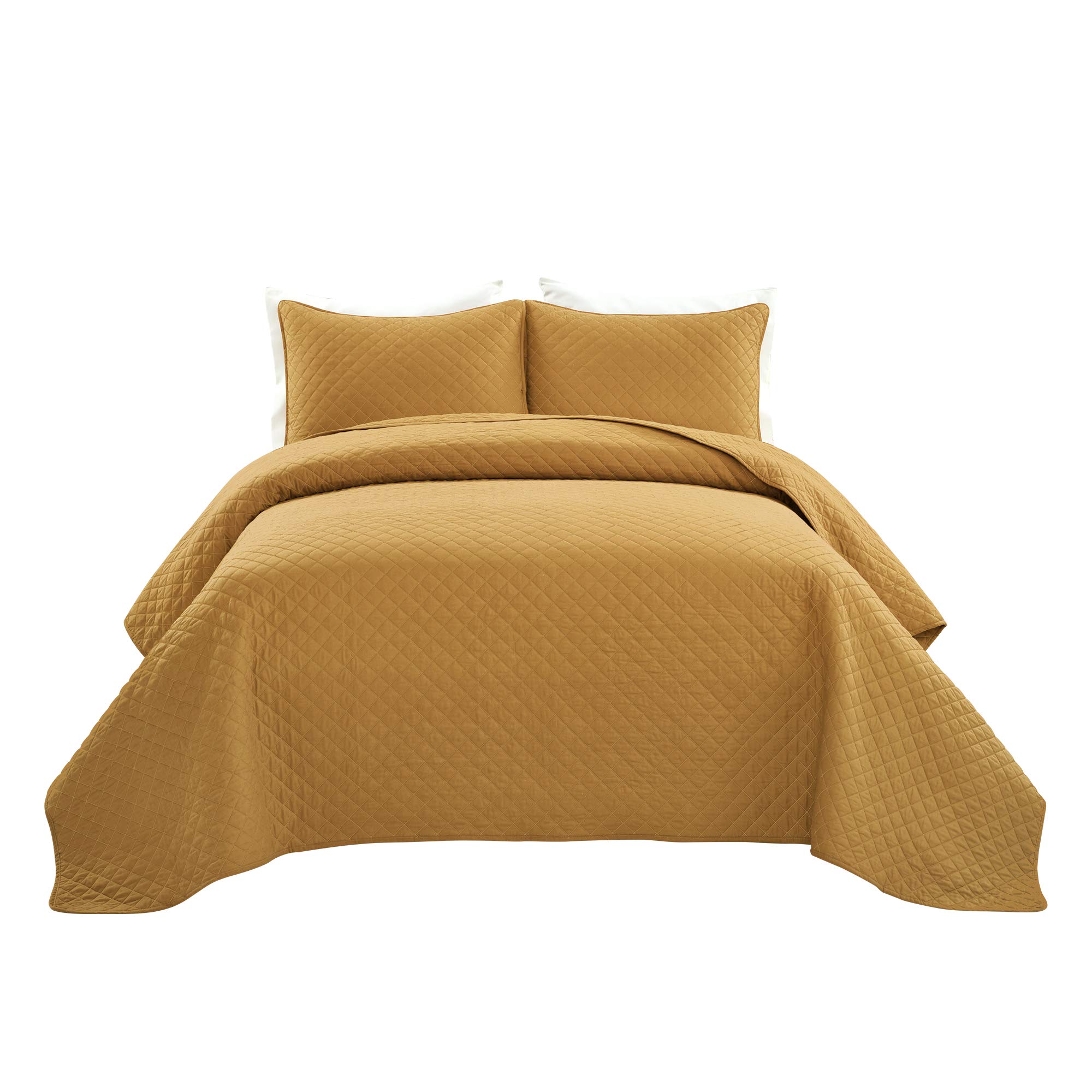 Lush Decor Ava Quilt Set - 3 Piece Oversized Diamond Pattern Bedding Blanket & Bedspread - Full/Queen Size - Mustard Yellow - Cozy Home Decor for Bedroom, Living Room & Guest Room