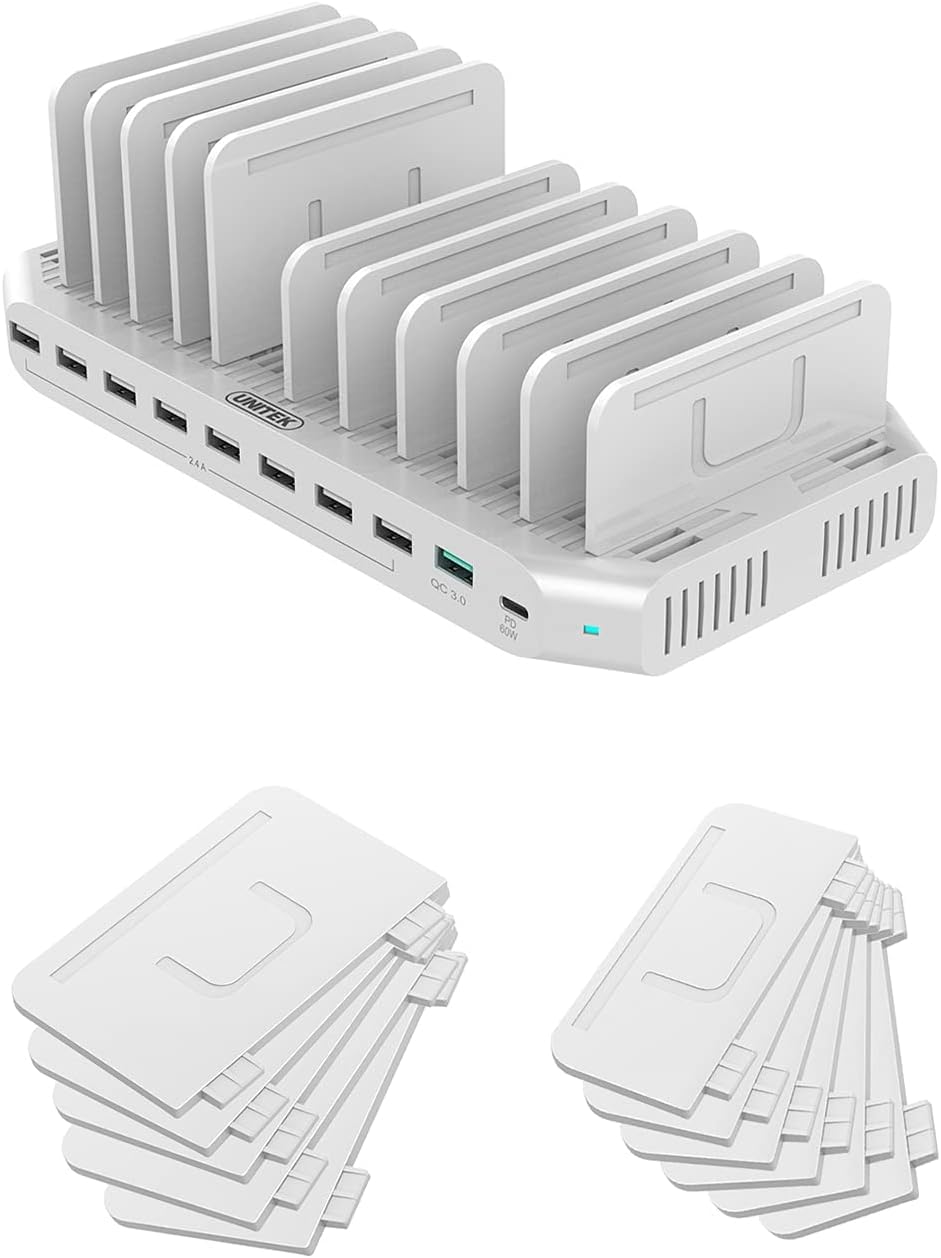Unitek 160W 10-Port USB Fast Charging Station with 11 Adjustable Dividers - Perfect for Home, Office & Travel Multi-Device Charging