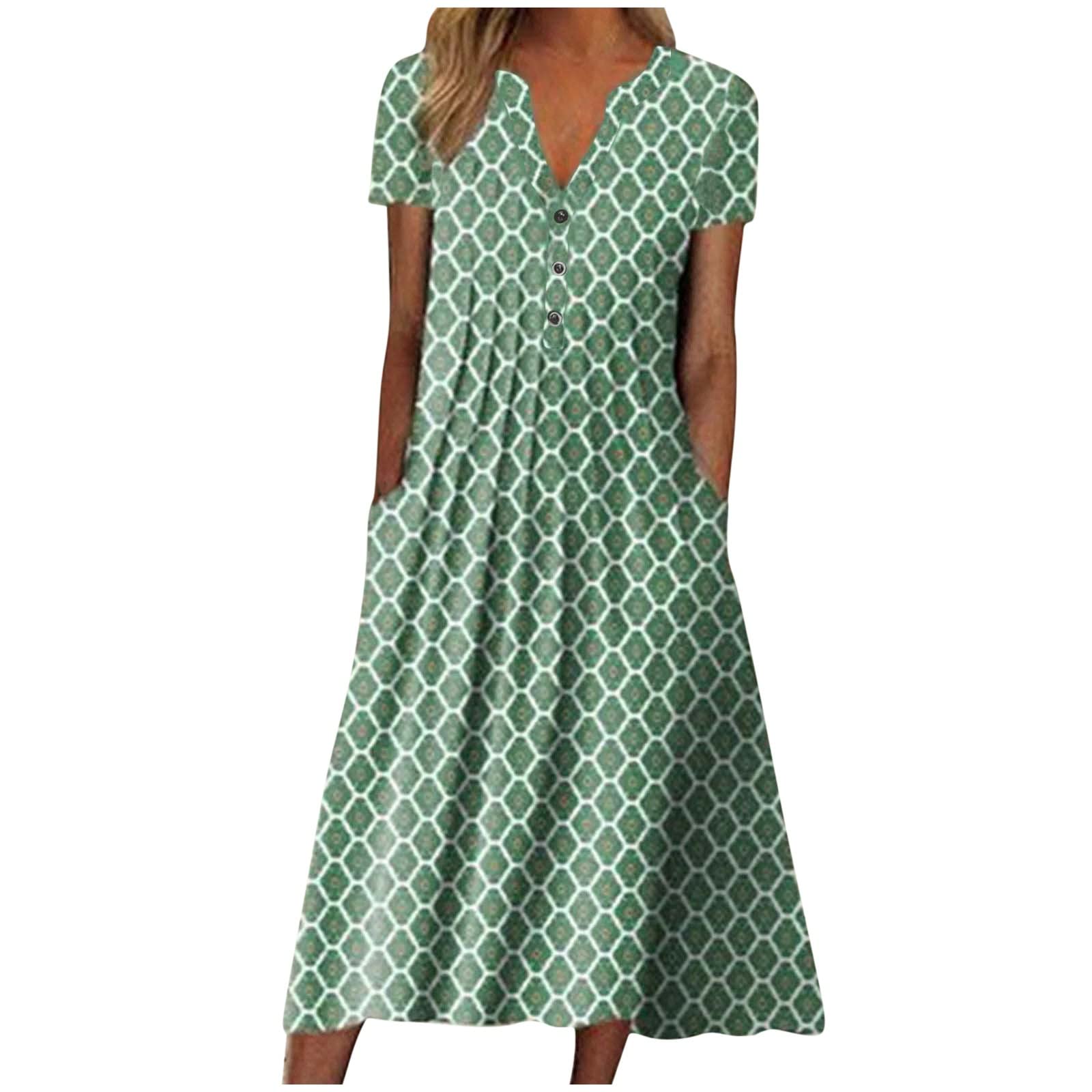 Women's Floral Summer Dress Short Sleeve Button Down A-Line Swing Dress with Pockets - Perfect for Tea Party, Vacation & Casual Outings