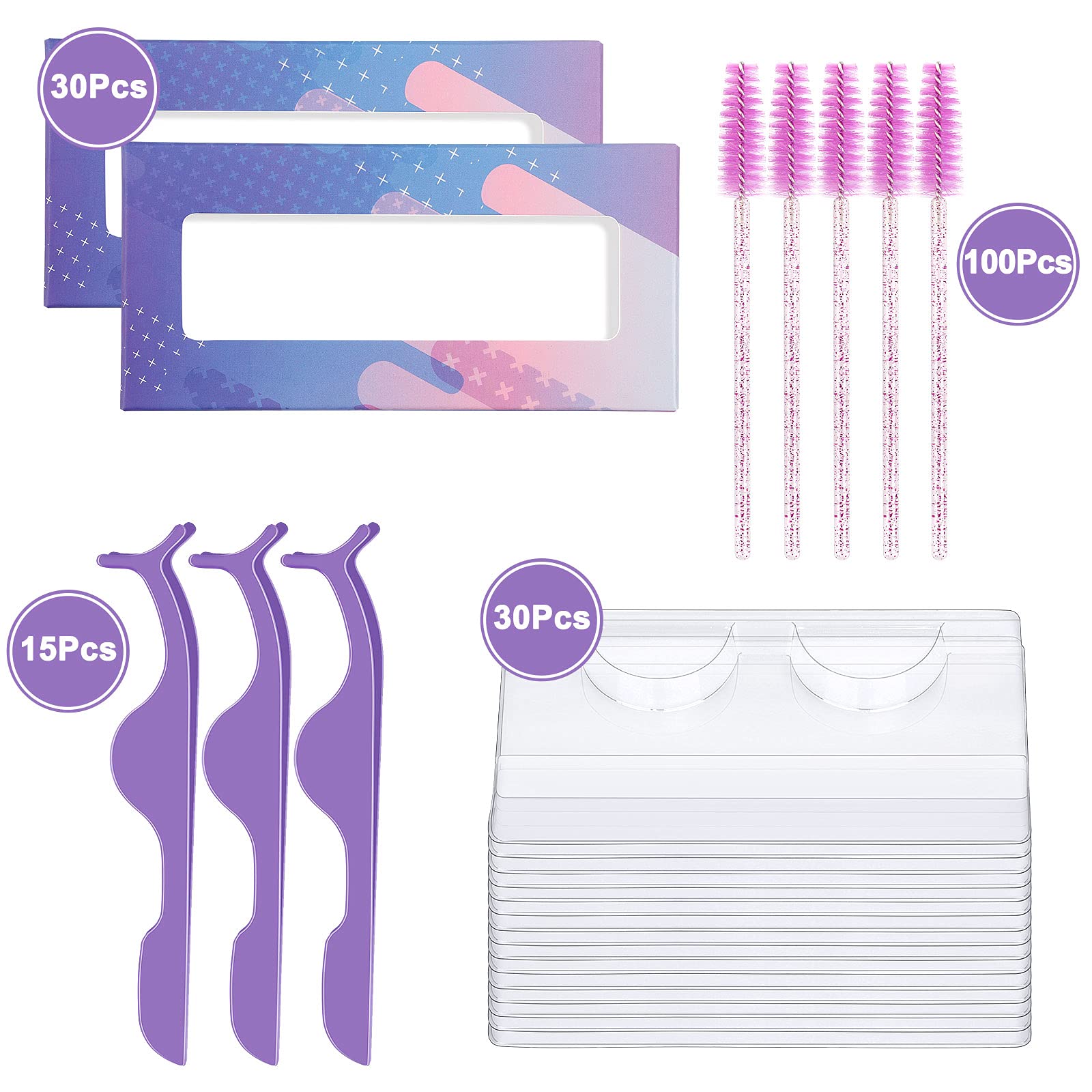 175-Piece Eyelash Extension Packaging Kit - 30 Empty Lash Boxes, 30 False Eyelash Trays, 15 Tweezers & 100 Disposable Mascara Wands (Purple) | Professional Salon Supplies & DIY Lash Extension Accessories