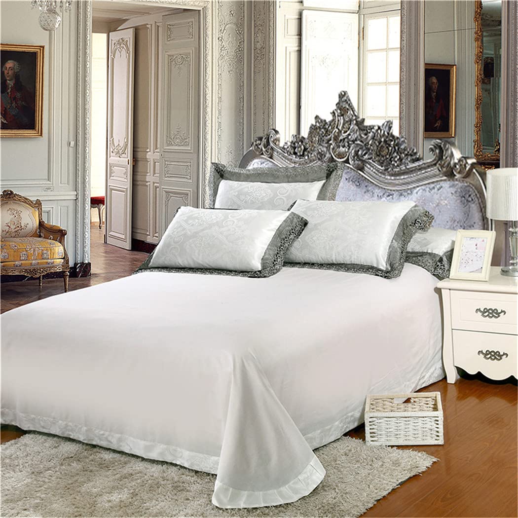 Luxury Satin Jacquard White Bedding Set - Queen & King Size Bed Set with Fitted Sheet & Duvet Cover - Soft Breathable Bed Sheets for Hotel Style Bedroom Decor - Perfect for Master Bedroom, Guest Room & Luxury Home Decor