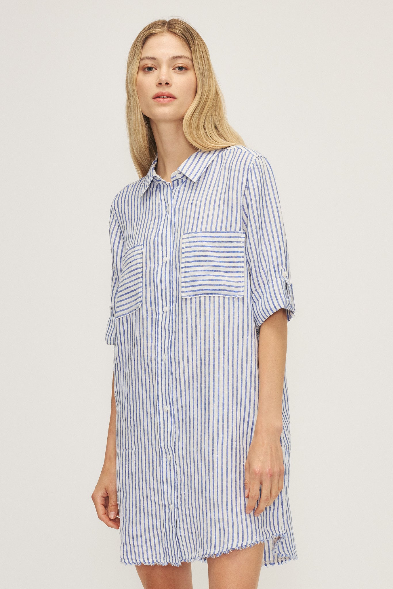 CYNTHIA Linen Stripe Shirt Dress for Women - Casual Summer Midi Dress with Pockets | Perfect for Beach, Office, and Weekend Outings