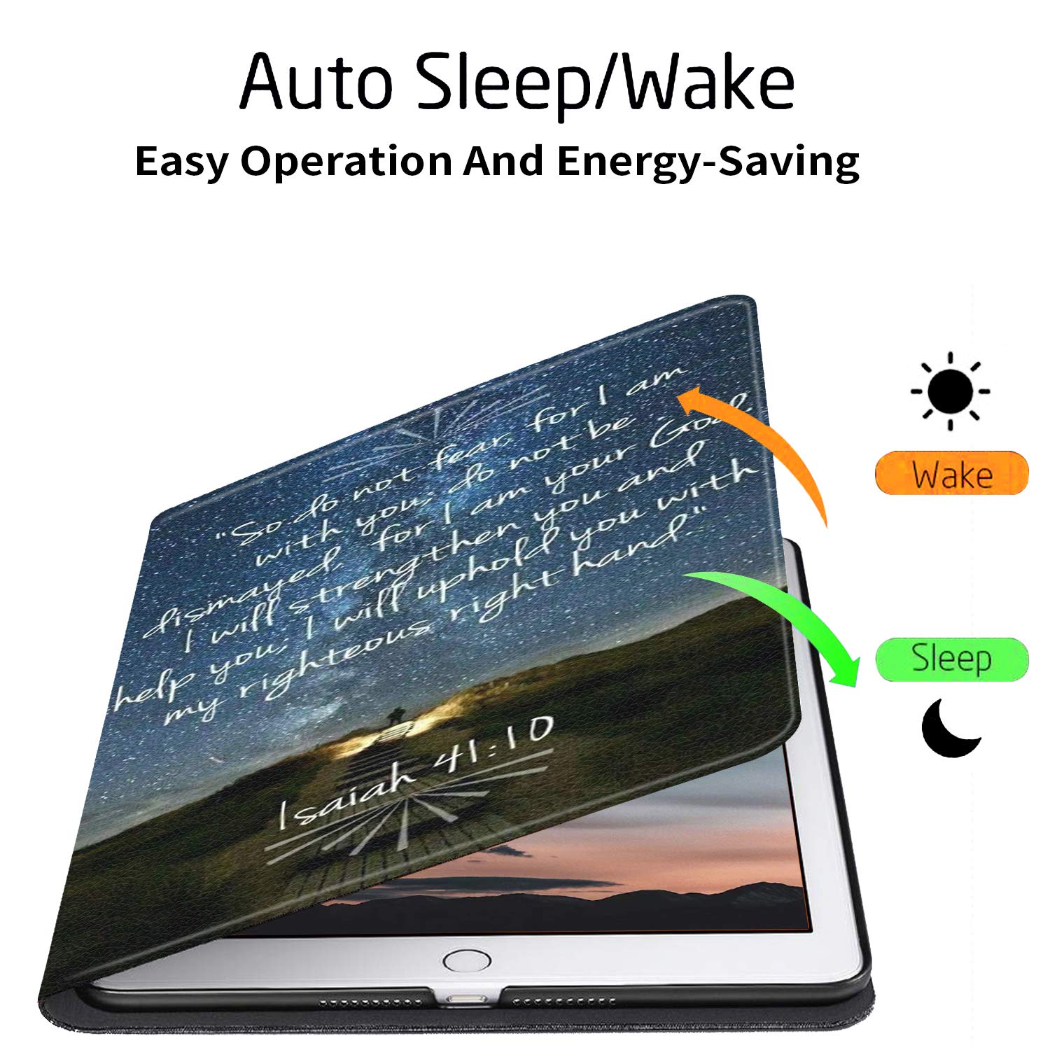 Premium iPad 9.7 Case (2018/2017) 6th/5th Generation - Adjustable Non-Slip Folio Stand with Auto Wake/Sleep Smart Cover for Apple iPad 6/5 & iPad Air 1/2 - Bible Verse Isaiah 41:10 Design - Perfect for Work, Study & Travel Protection