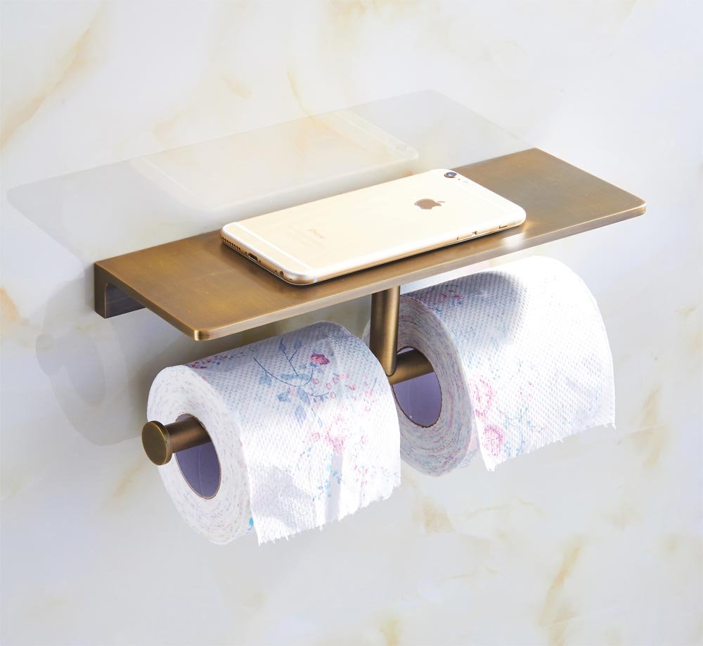 Brushed Bronze Double Toilet Paper Holder with Storage Shelf - Wall Mounted Bathroom Tissue Dispenser for Home & Hotel - Perfect for Small Spaces, Powder Rooms & Luxury Bathrooms
