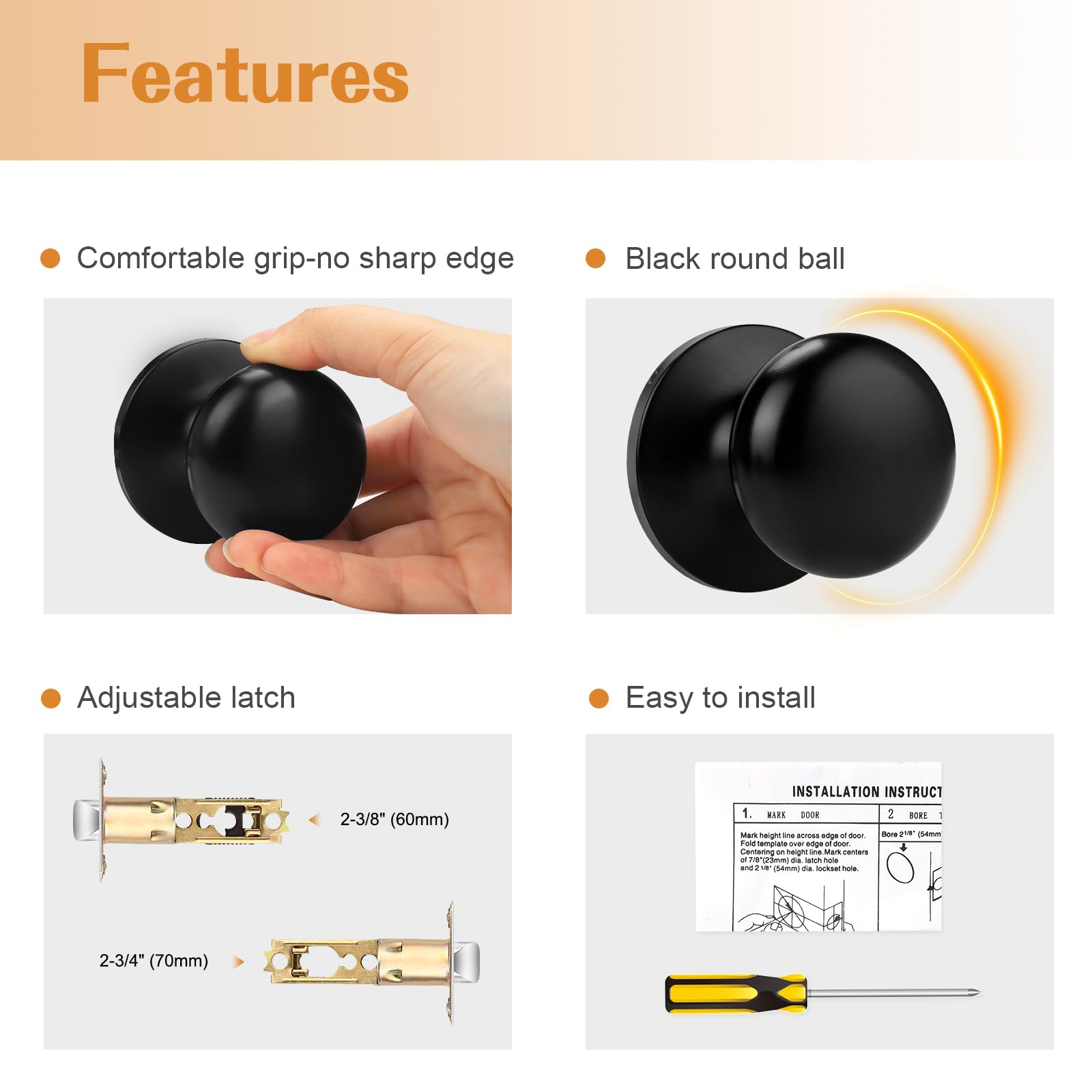 Probrico 3 Pack Black Door Knobs - Keyless Passage Door Handles with Flat Ball Design for Closet & Hallway - Solid Latch, Universal Lever - Perfect for Bedroom, Bathroom & Interior Doors