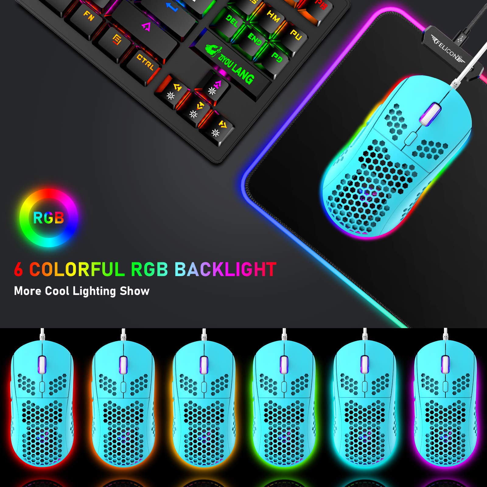 LexonElec RGB Gaming Keyboard and Mouse Combo with Mousepad & Headset - Mechanical Keyboard, Ultralight Honeycomb Mouse, Noise-Canceling Mic - Perfect for PC, Laptop Gaming & Office Work