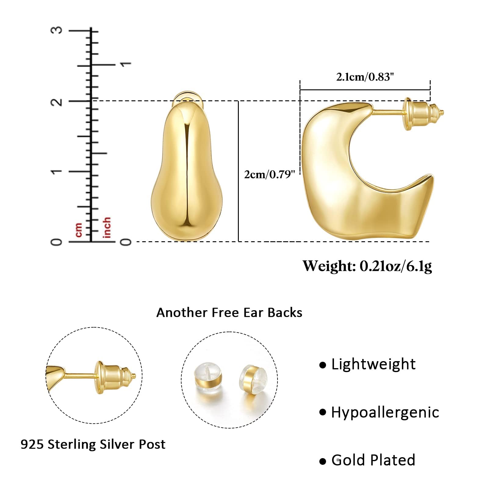 14K Gold Plated Chunky Hoop Earrings for Women - Lightweight Hollow Open Hoops with Sterling Silver Post | Trendy Teardrop Fashion Jewelry | Perfect Gift for Birthday, Anniversary & Party Wear