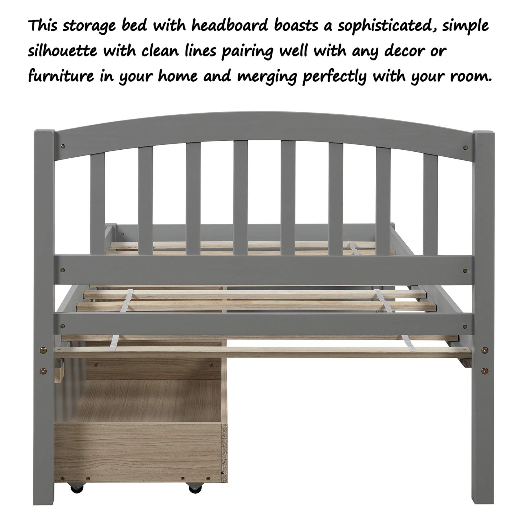 P PURLOVE Twin Size Wooden Storage Bed Frame with 2 Drawers & Headboard - Space Saving Platform Bed for Small Bedroom, Gray - Perfect for Kids Room, Guest Room or Studio Apartment