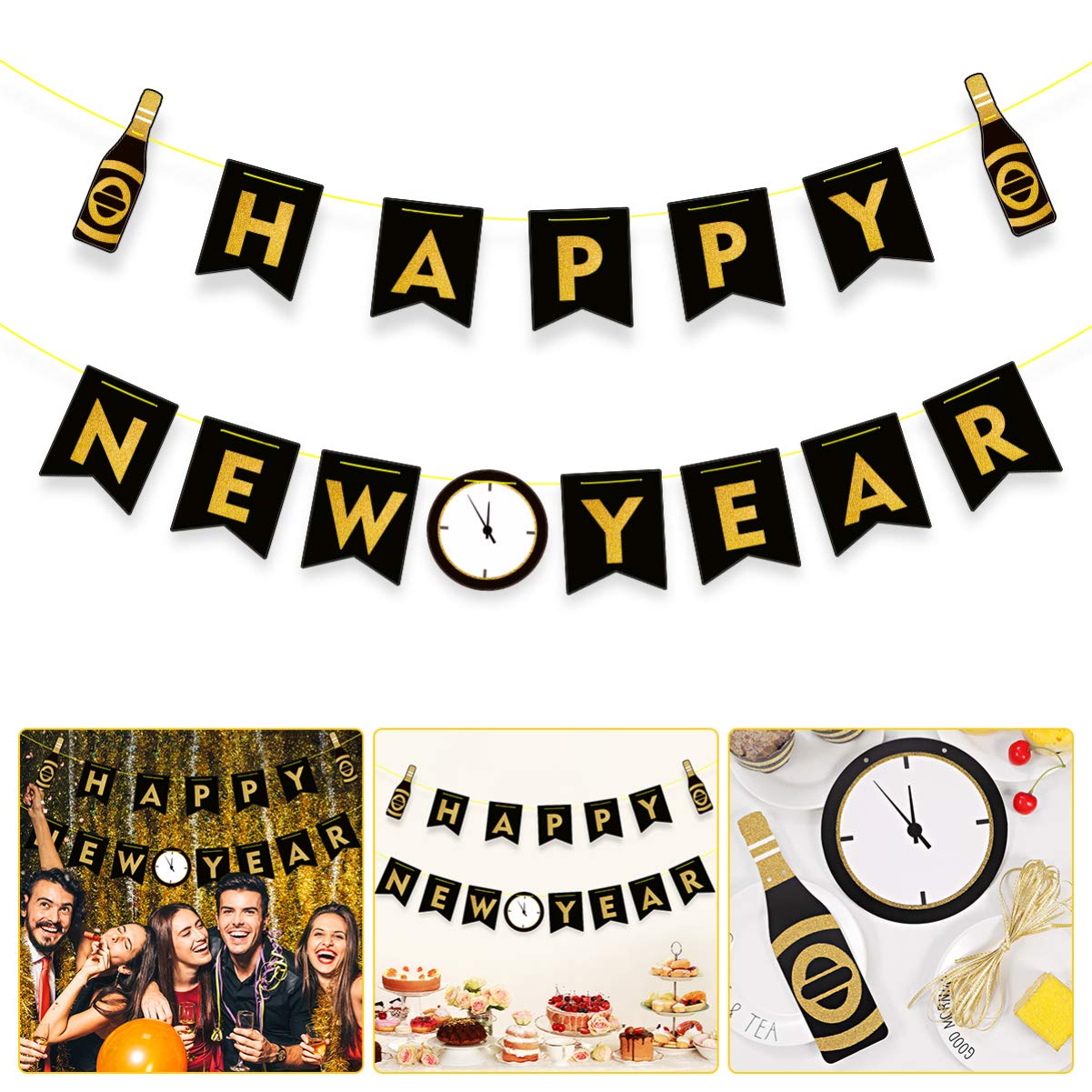Amosfun Black and Gold New Year's Eve Party Banner Garland - Premium Holiday Decoration for Christmas & New Year Celebrations, Home Decor, Office Parties, and Festive Events