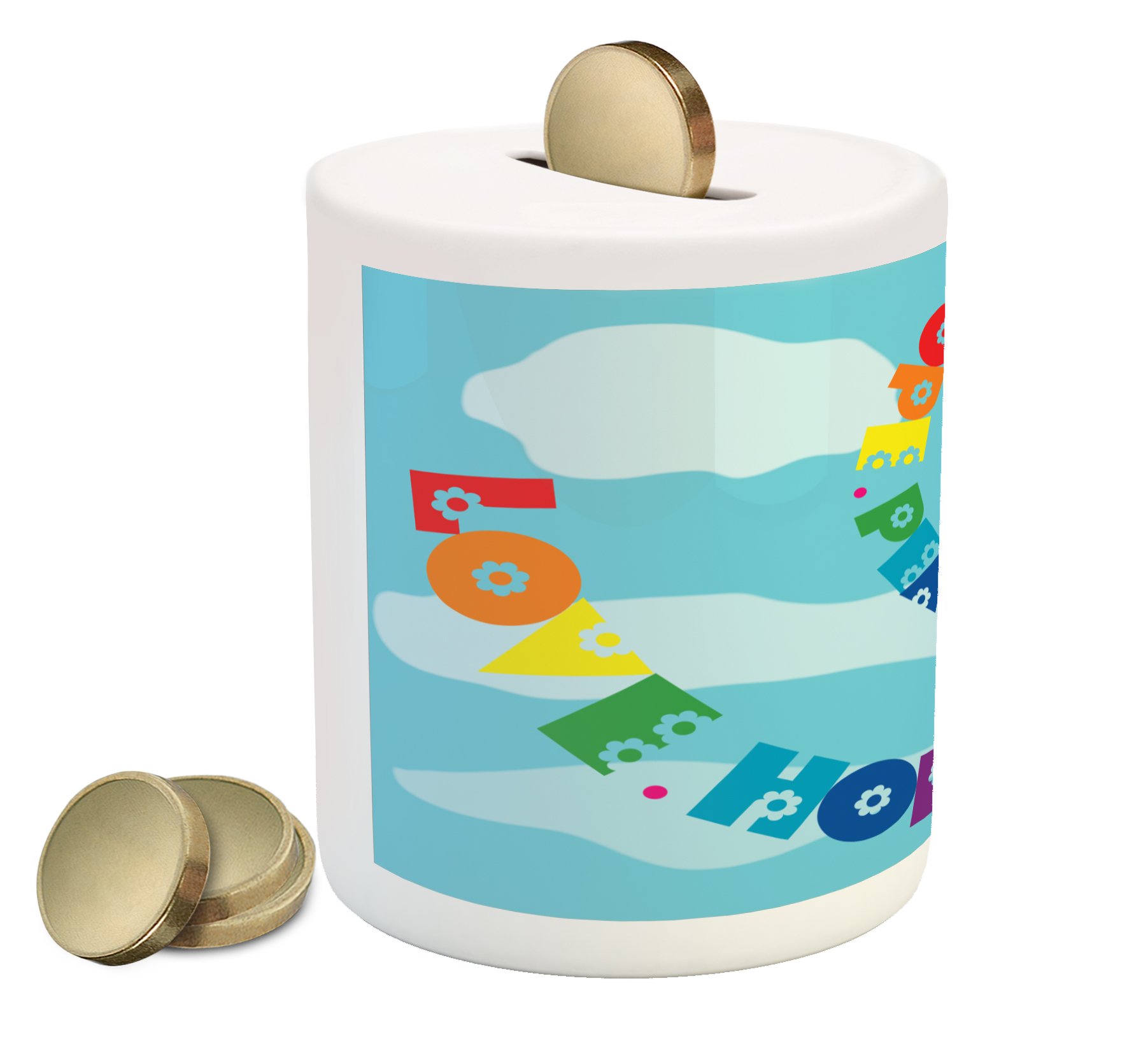 Ambesonne Hope Piggy Bank - Rainbow Colored Ceramic Money Box with 60s Inspired Floral Design for Cash Savings | Perfect Gift for Kids, Teens & Collectors | Home Decor, Birthday Present, Savings Motivation