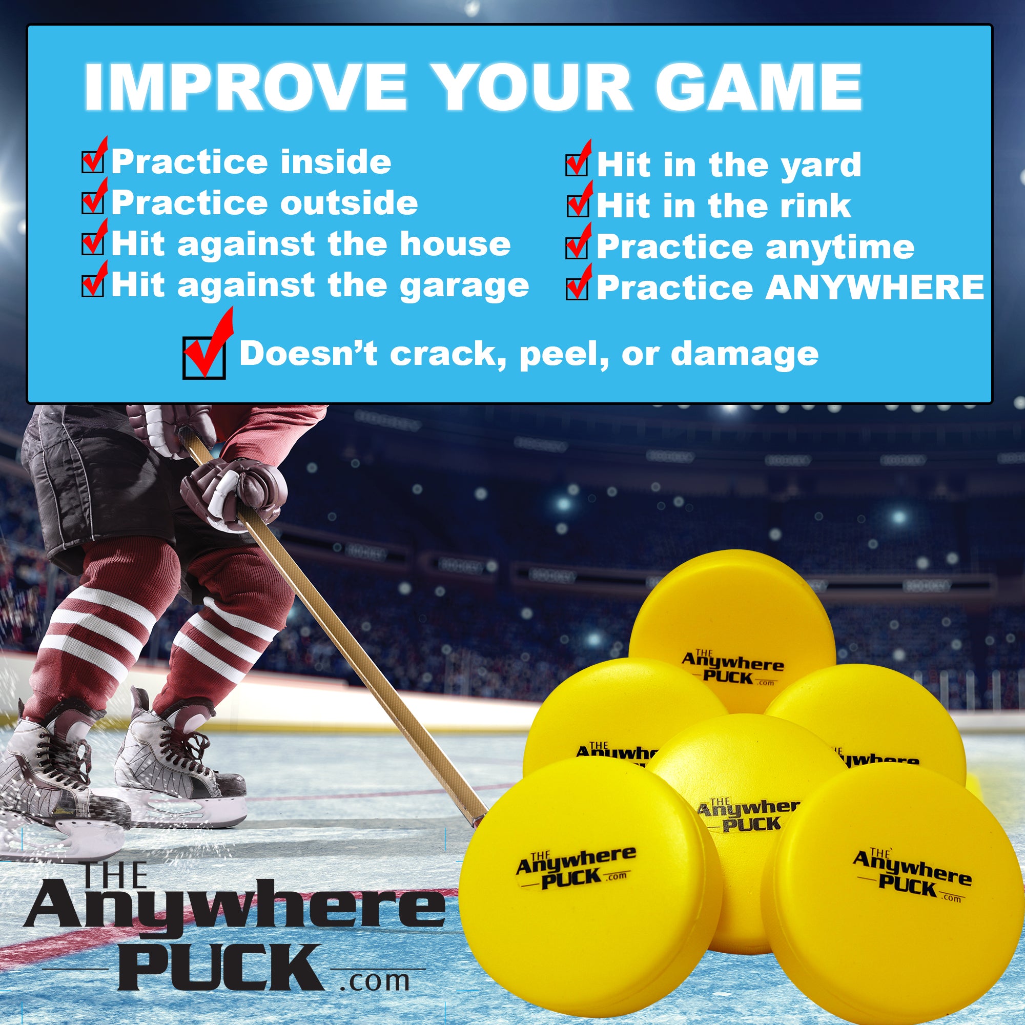 Anywhere Sports The Anywhere Puck 6 Pack - Yellow Foam Hockey Training Set for Kids | Indoor & Outdoor Hockey Practice, Backyard Games, Youth Sports Training