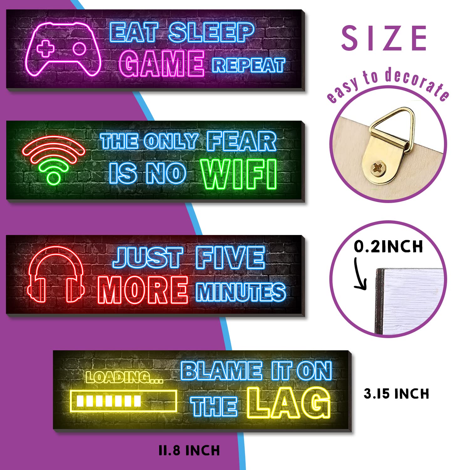 4 Pcs Neon Gaming Posters - Cool Gamer Wall Art Decor for Teen Boys Bedroom, Wooden Frame, Perfect for Gaming Room & Man Cave Decorations