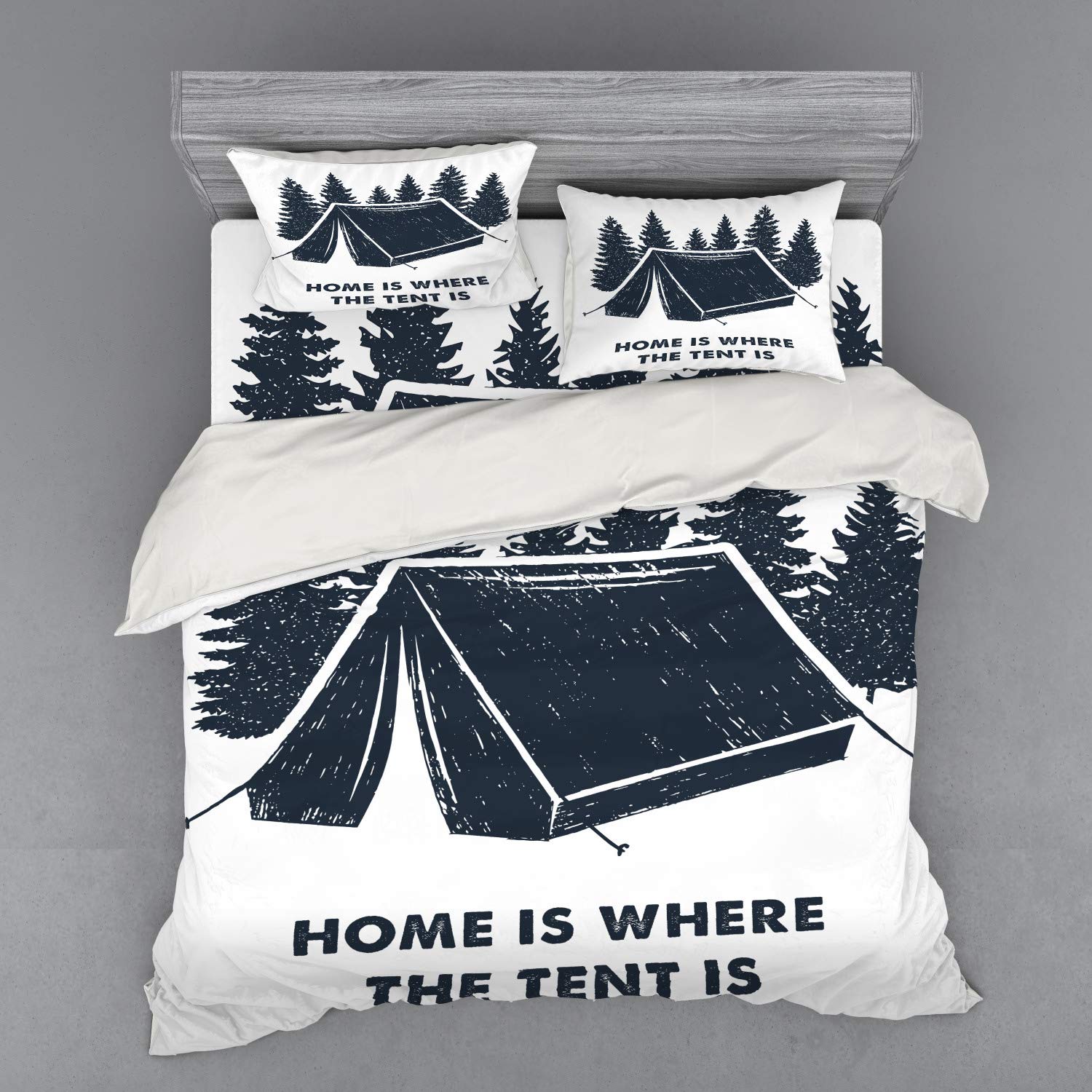 Ambesonne Camping Themed Duvet Cover Set - 'Home is Where The Tent is' Pine Tree Design with Matching Shams & Fitted Sheet, 4-Piece King Size Bedding in Dark Blue & White - Perfect for Camping Enthusiasts & Outdoor-Themed Bedrooms